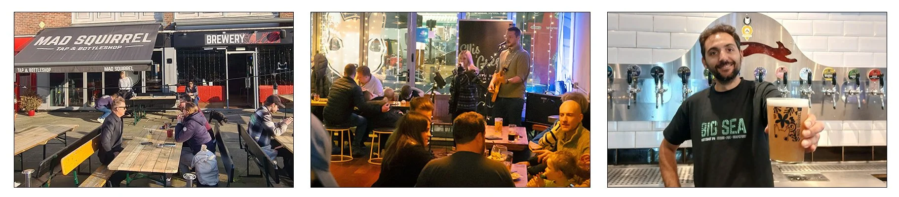 Three photos of social settings: First shows people sitting outdoors at a taproom restaurant called MAD SQUIRREL TAP & BOTTLESHOP with picnic tables, UV shielding, and sunlight. Second shows a lively indoor bar or brewery with patrons seated and a musician playing guitar on a small stage, illuminated by colorful lights. Third shows a smiling man holding a beer inside a brewery, standing in front of a wall-mounted draft beer tap system with a red fish logo.