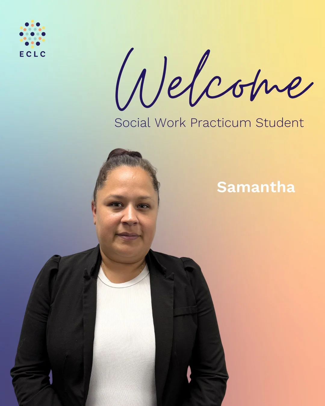Happy Monday! Please join us in welcoming Samantha to ECLC! We're excited to be part of Samantha's learning journey towards becoming a registered social worker~⁠
⁠
Get to know Samantha: ⁠
⁠
Q: What are you most excited to learn or experience during y