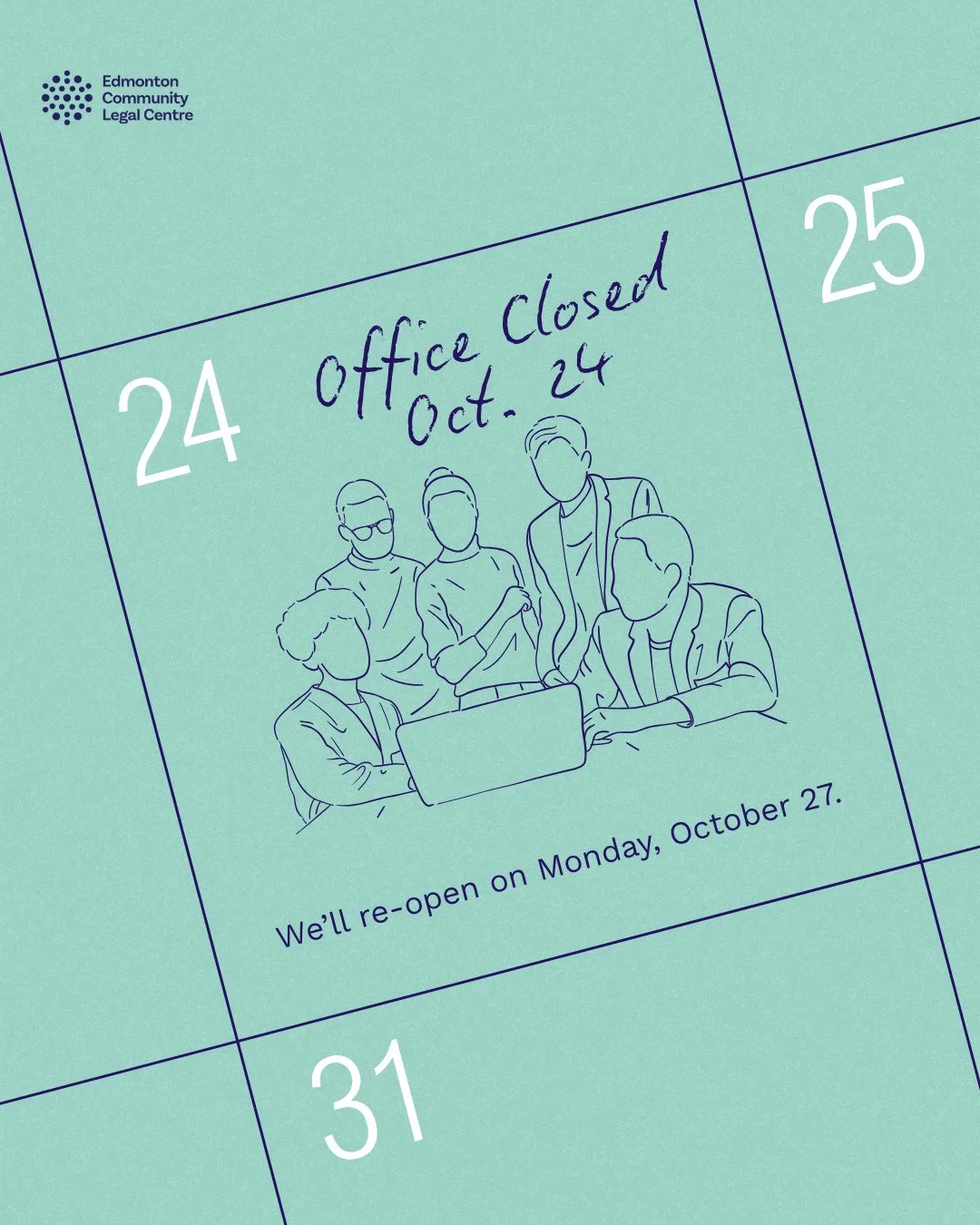 Heads up! ECLC will be closed tomorrow, October 24 for a staff meeting! We resume regular option on Monday, October 27. 
Thank you for your understanding! 
#EdmCLC