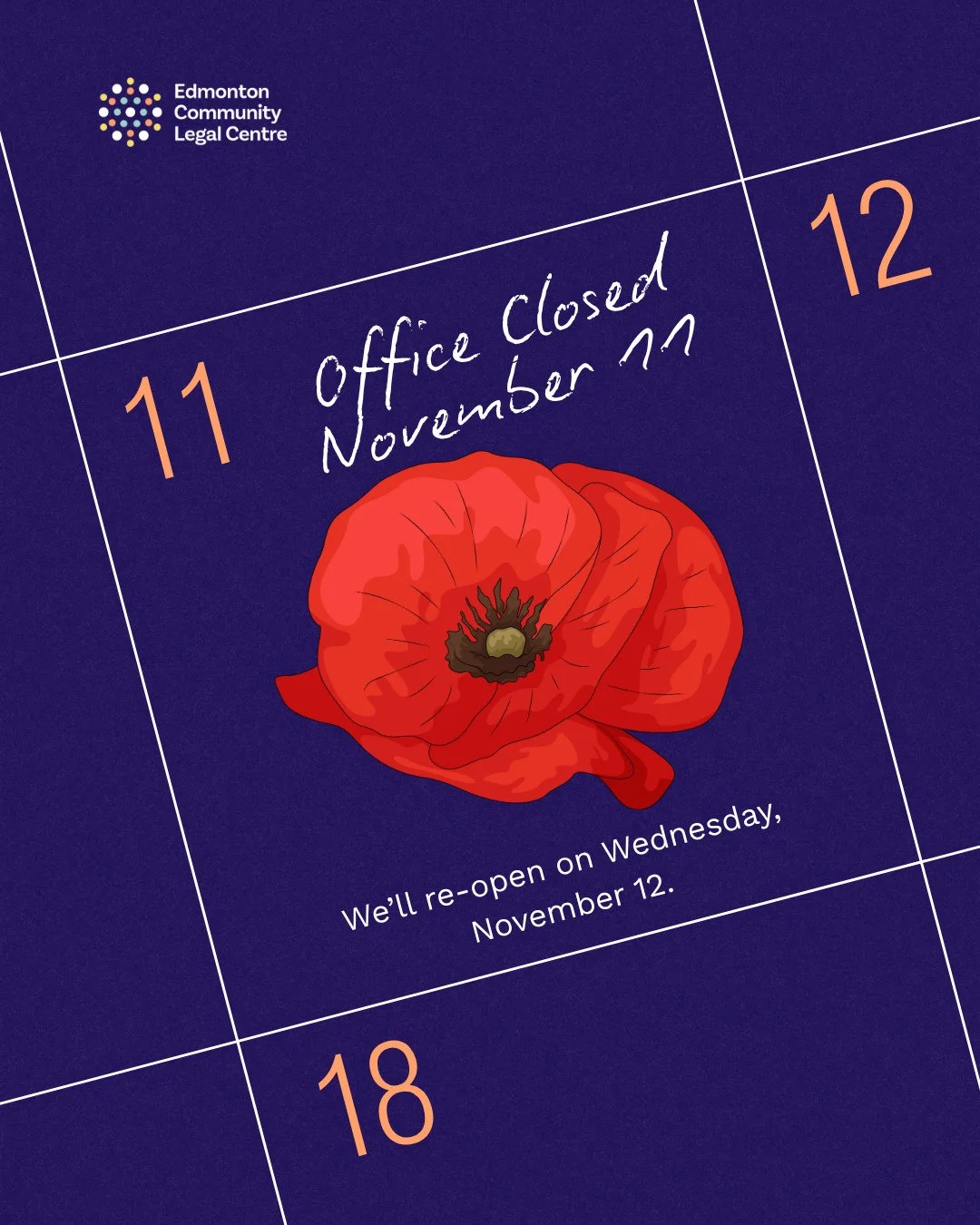 Hello! Please note that the ECLC office will be closed tomorrow: Tuesday, November 11 in observance of Remembrance Day.⁠
⁠
We will reopen on Wednesday, November 12. Thank you for your understanding. ⁠
⁠