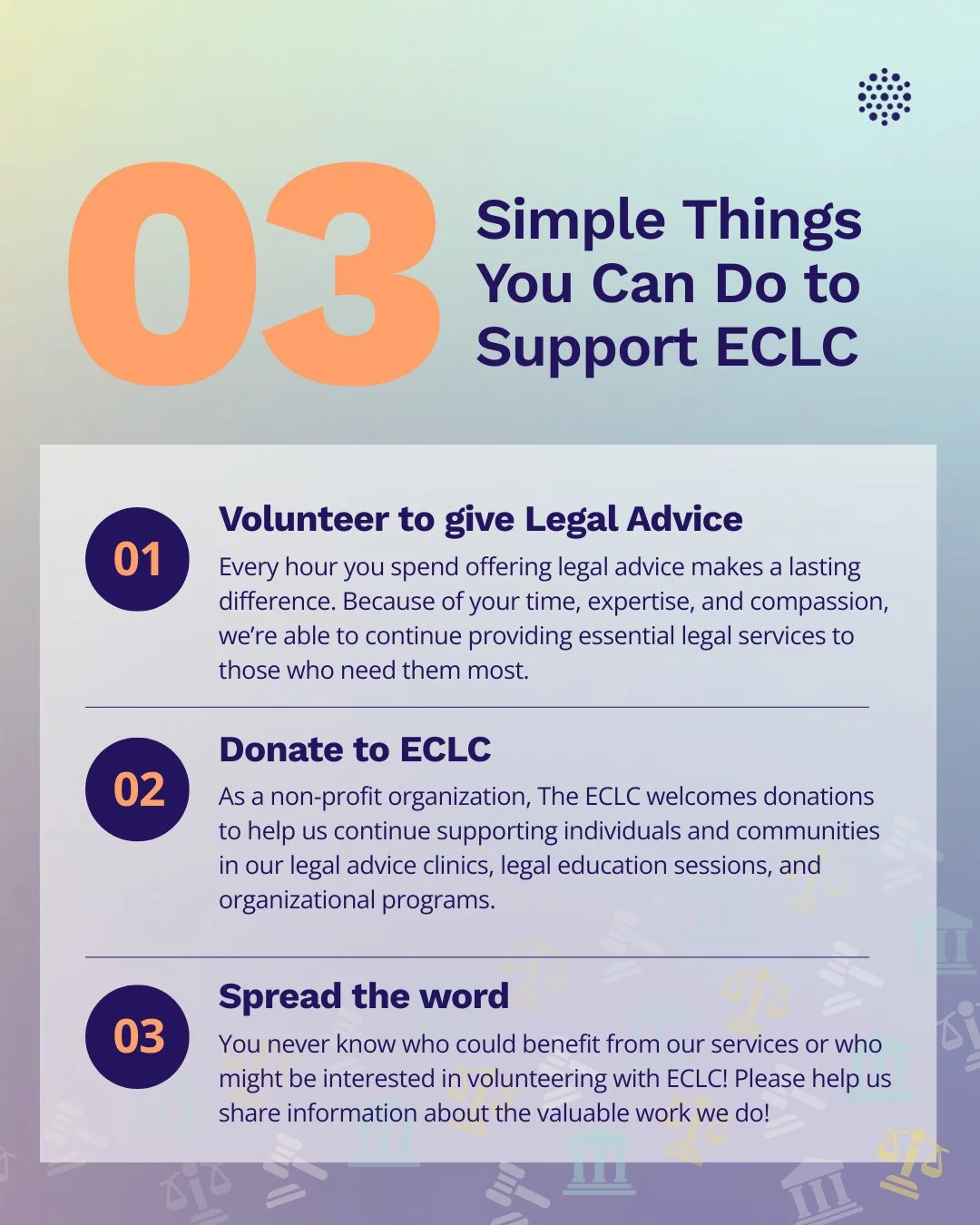 Want to make a difference? Here are 3 ways you can support ECLC:⁠
✅ Volunteer your legal expertise to help those in need⁠
💜⁠ ECLC is a nonprofit organization - your donations help keep vital services accessible + available ⁠
📢 Tell someone about EC