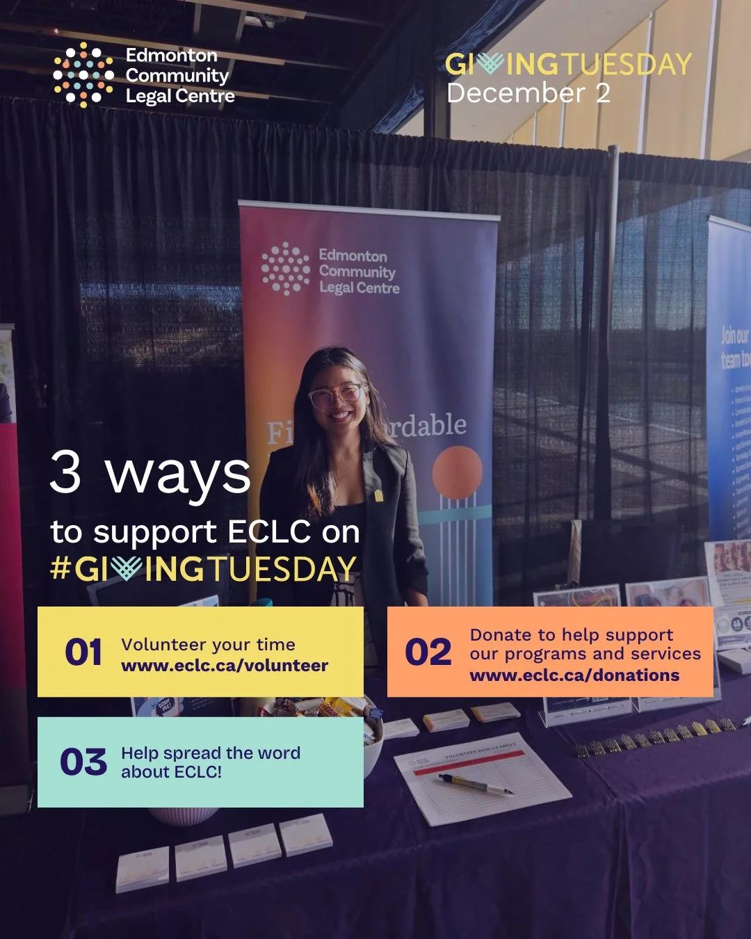 Did you know? Giving Tuesday is almost here!⁠
⁠
On December 2, we challenge you to give back by volunteering 1 hour or donating 1 billable hour to the Edmonton Community Legal Centre (ECLC).⁠
⁠
Your support helps us continue to provide vital legal as
