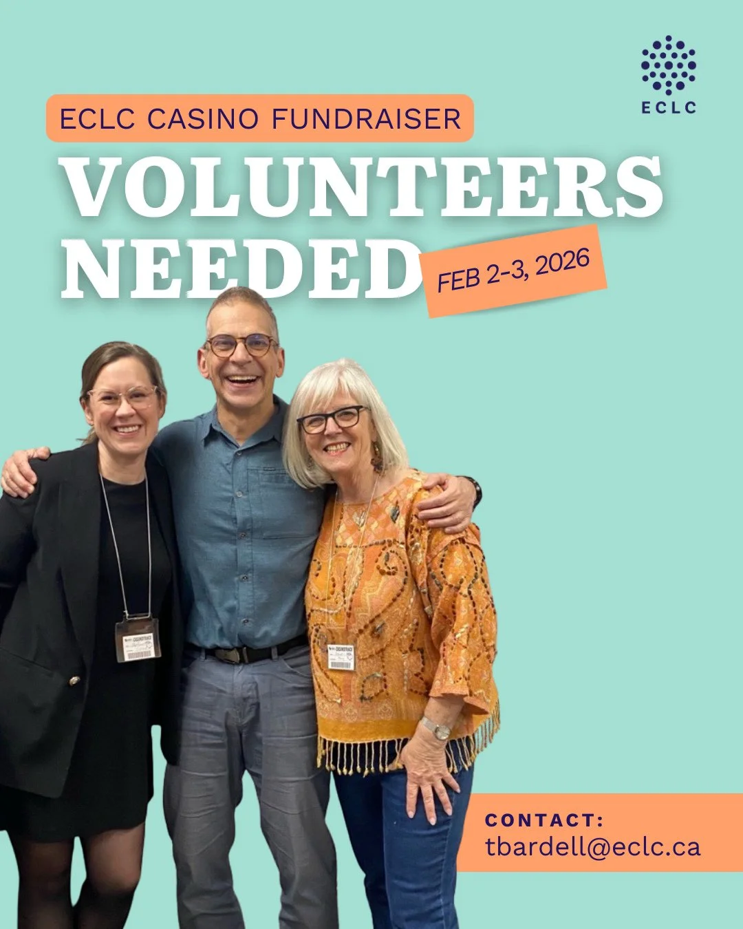 Hi ECLC friends! We need your help! ⁠
⁠
We're looking for some volunteers to help fill some shifts for our Casino Fundraiser taking place on February 2 and February 3, 2026. If you're interested in learning more, please email: tbardell@eclc.ca to inq