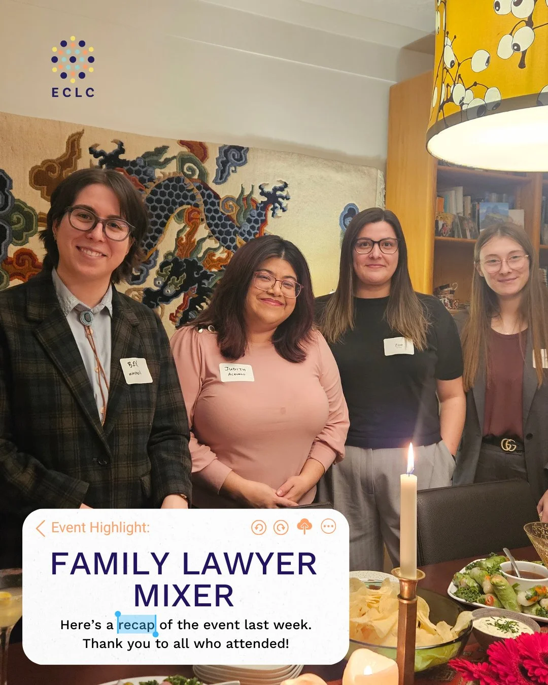 Thank you to all were able to make it out to our small family law volunteer mixer last week! It was a pleasure seeing volunteer lawyers and students come together to connect on a shared cause. ⁠
⁠
Thank you kindly, to Marie for opening up her space t
