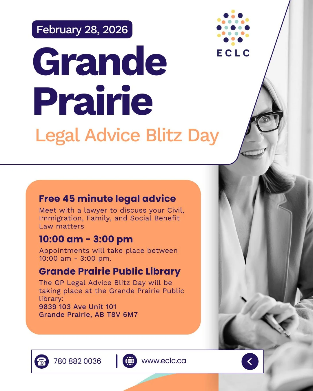 Hey #GrandePrairie residents! Exciting news - we'll be hosting a Legal Advice Blitz Day on February 28, 2026. This event brings free legal help to those in the Grande Prairie Community. ⁠
⁠
Meet with a lawyer in-person for free 45-minute legal advice