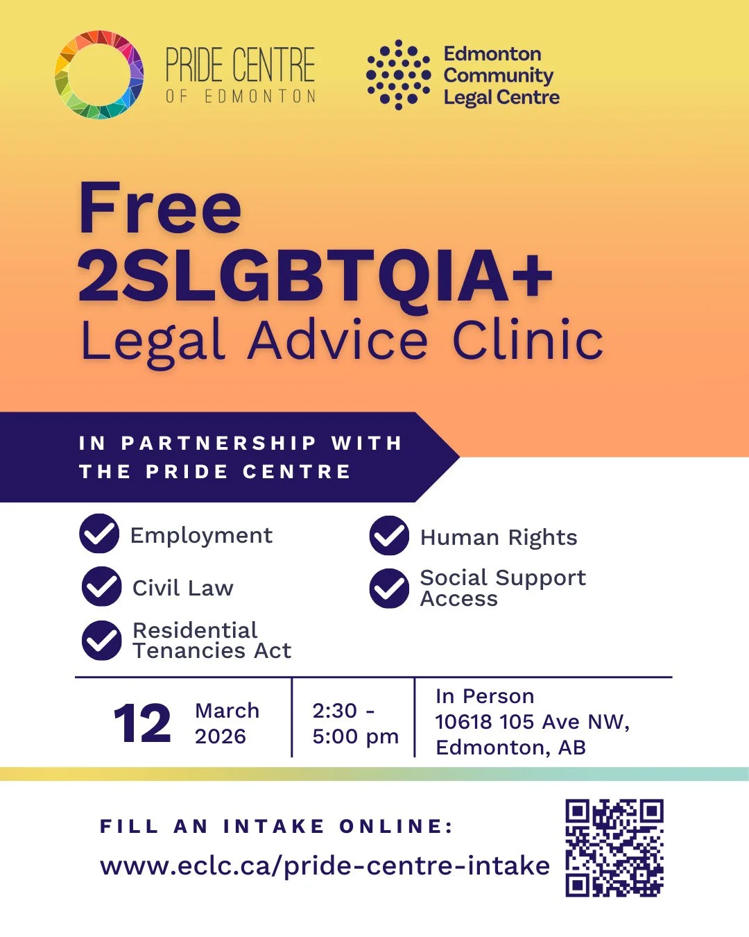 Hello friends! We still have some appointments available in partnership with the @yegpridecentre (Pride Centre of Edmonton) to provide free 2SLGBTQIA+ Legal Advice Clinics on March 12!⁠ If you, or someone you know, may benefit from this free service,