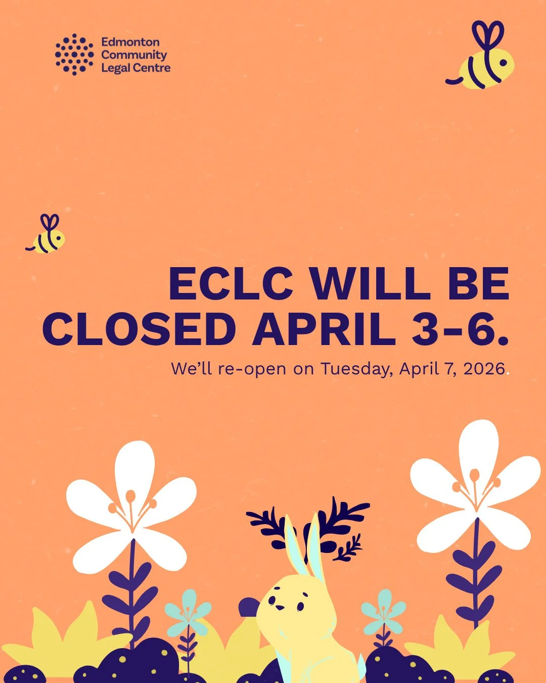Office closure notice: We'll be closed from Friday, April 3 to Monday, April 6! Our office will re-open on Tuesday, April 7th! ⁠
⁠
#Officeclosure #YEGnonprofit ⁠