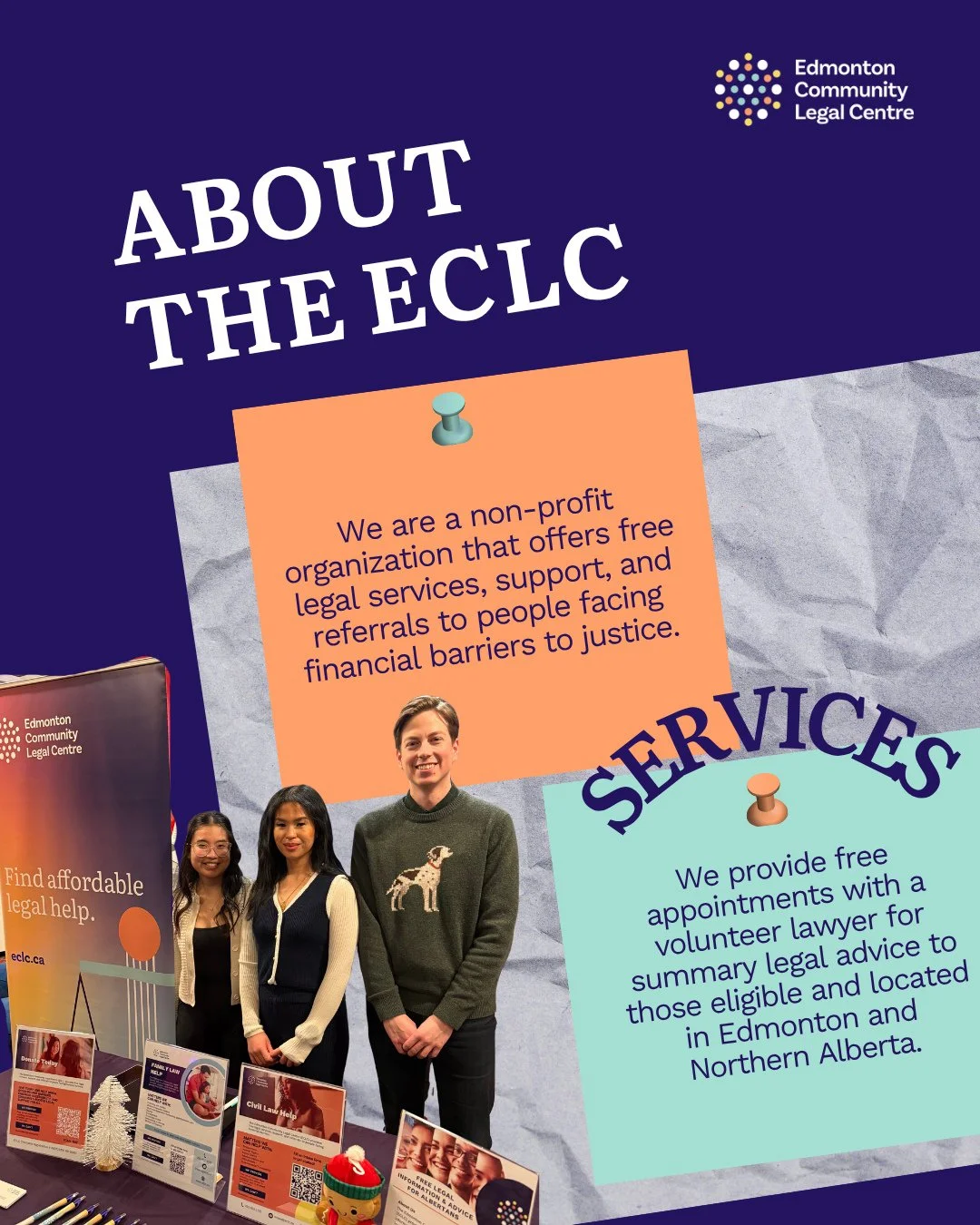 Allow us to re-introduce ourselves! For those who might just be discovering ECLC, we are a non-profit organization that provides free legal services, support, and referrals to people facing financial barriers. ⁠
⁠
We are able to provide legal support