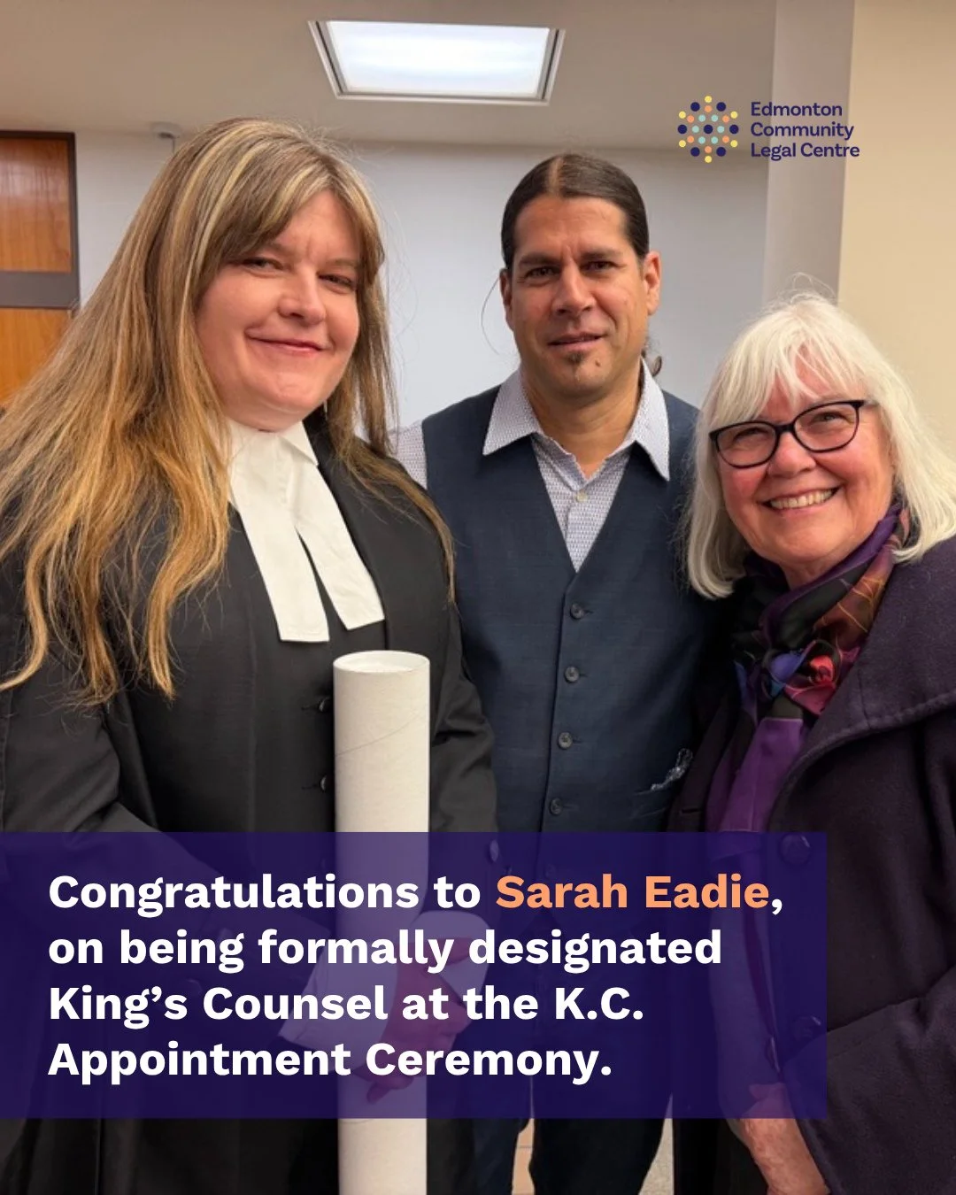 Yesterday, ECLC's staff lawyer Sarah Eadie received her K.C. designation in a formal ceremony at the Law Courts. The K.C. designation recognizes the significant contributions a lawyer has made to the community, the administration of justice, and the 