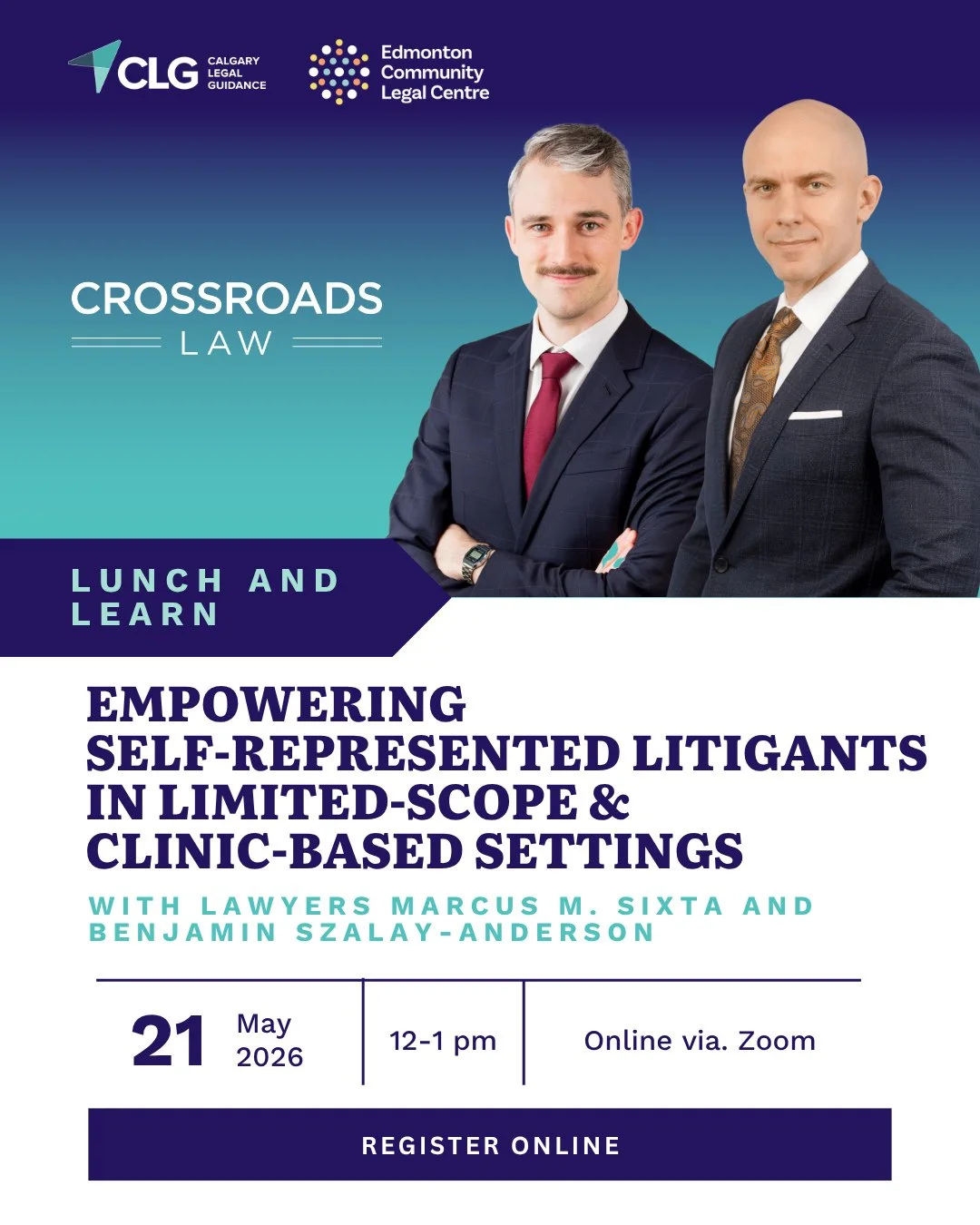New lunch and learn for volunteer lawyers! How can you give clients the wheel, without losing control?⁠
⁠
Join Marcus M. Sixta and Benjamin Szalay Anderson of Crossroads Law for an insightful lunch n&rsquo; learn on empowering self represented litiga
