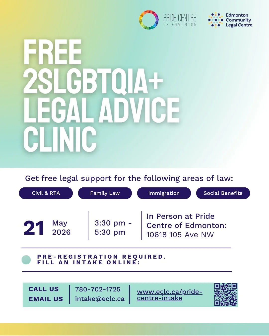 Hi friends!~ Our next free legal advice clinic in partnership with The Pride Centre of Edmonton is taking place next week, on May 21, 2026! ⁠
⁠
This collaboration is an ongoing effort to provide the 2SLGBTQIA+ community with a safe space to access le