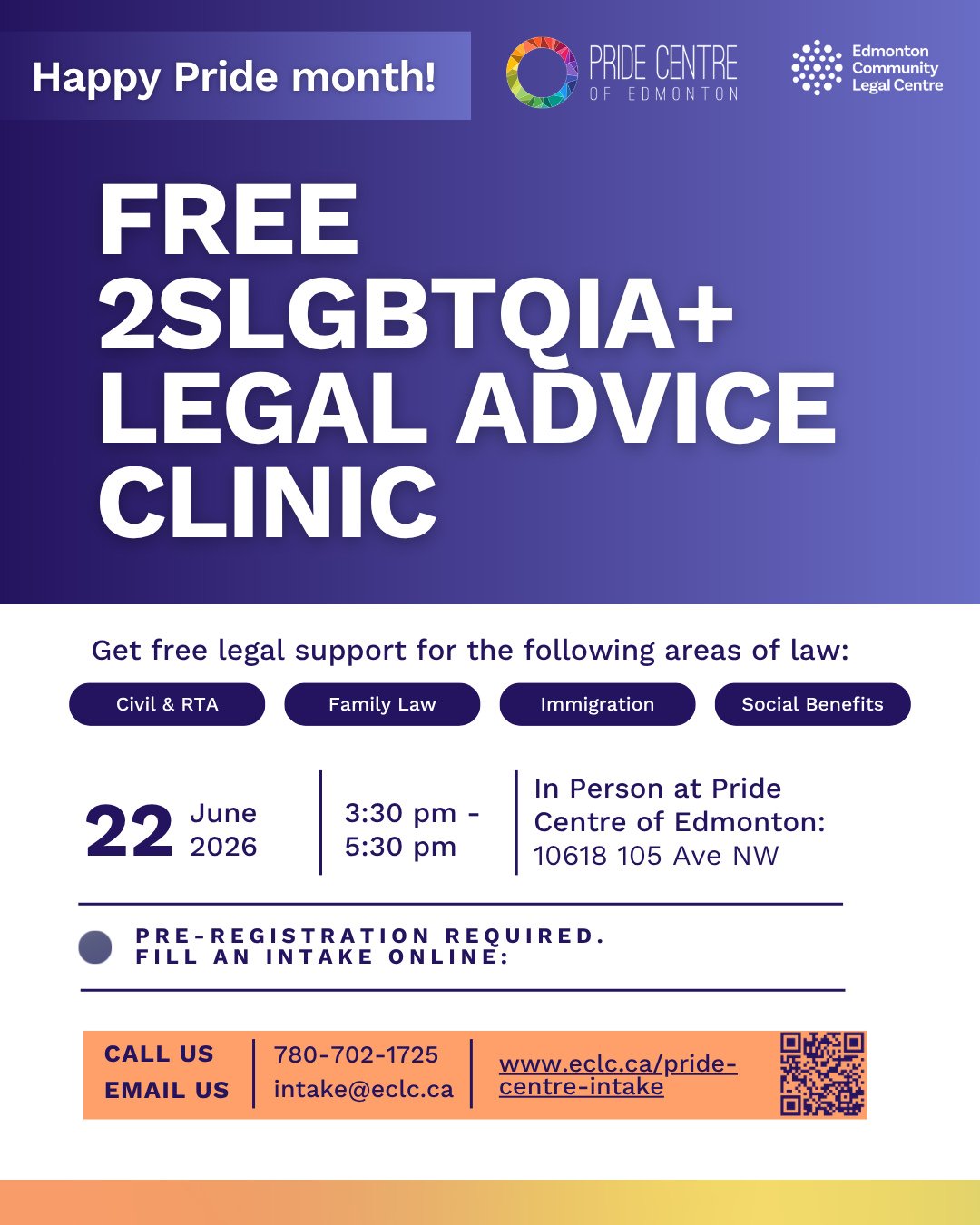 Happy Pride Month! We'll be back at the Pride Centre of Edmonton on June 22 to host our monthly free legal advice clinic! ⁠
⁠
Pre-registration is required, and you can fill out an Intake through the link in our bio or heading to: www.eclc.ca/pride-ce