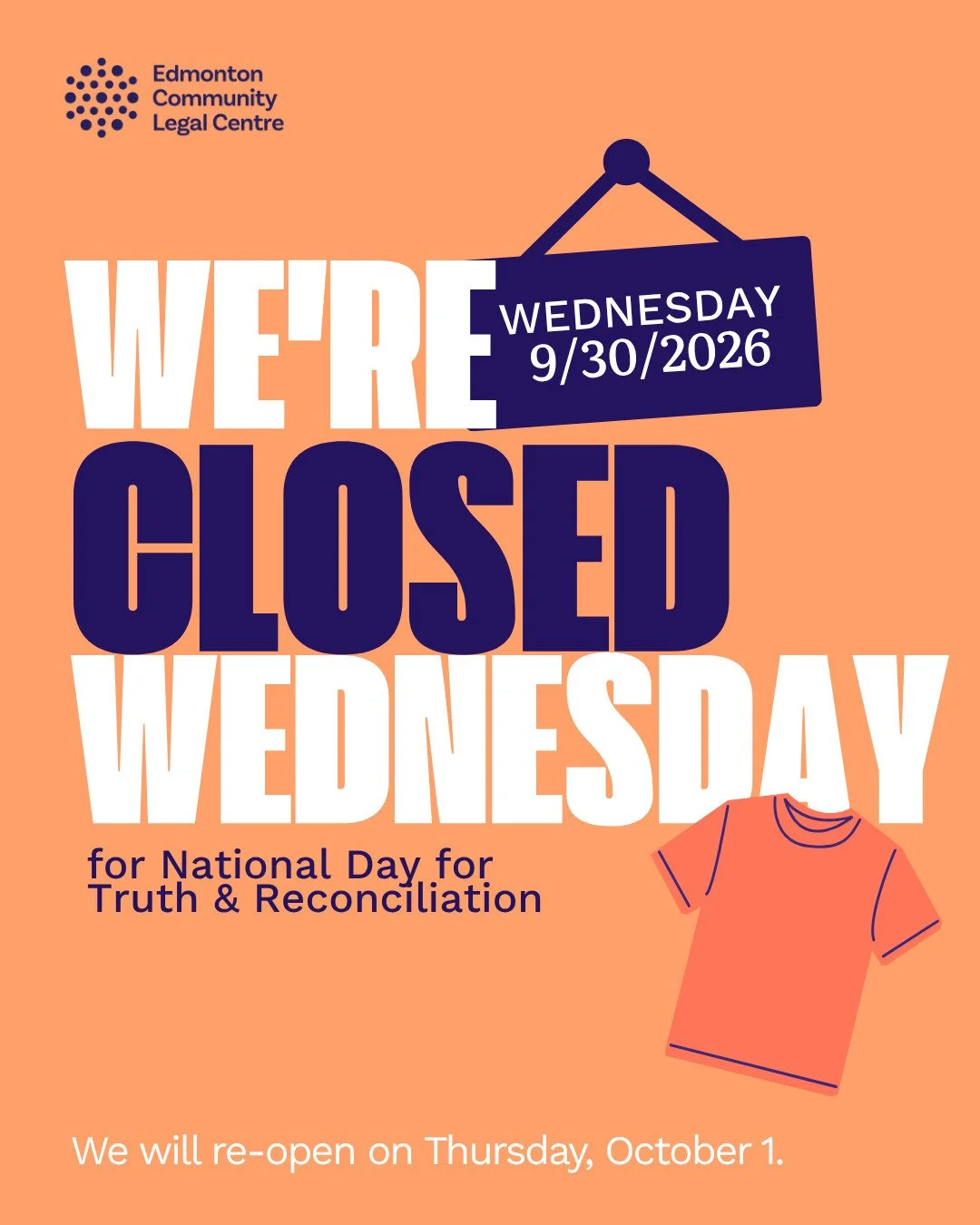 Reminder: Our office will be closed tomorrow, September 30, in honour of National Day for Truth and Reconciliation. 🧡⁠
⁠
As we mark this important day, we encourage everyone to take time to listen to Indigenous voices, learn about the lasting impact