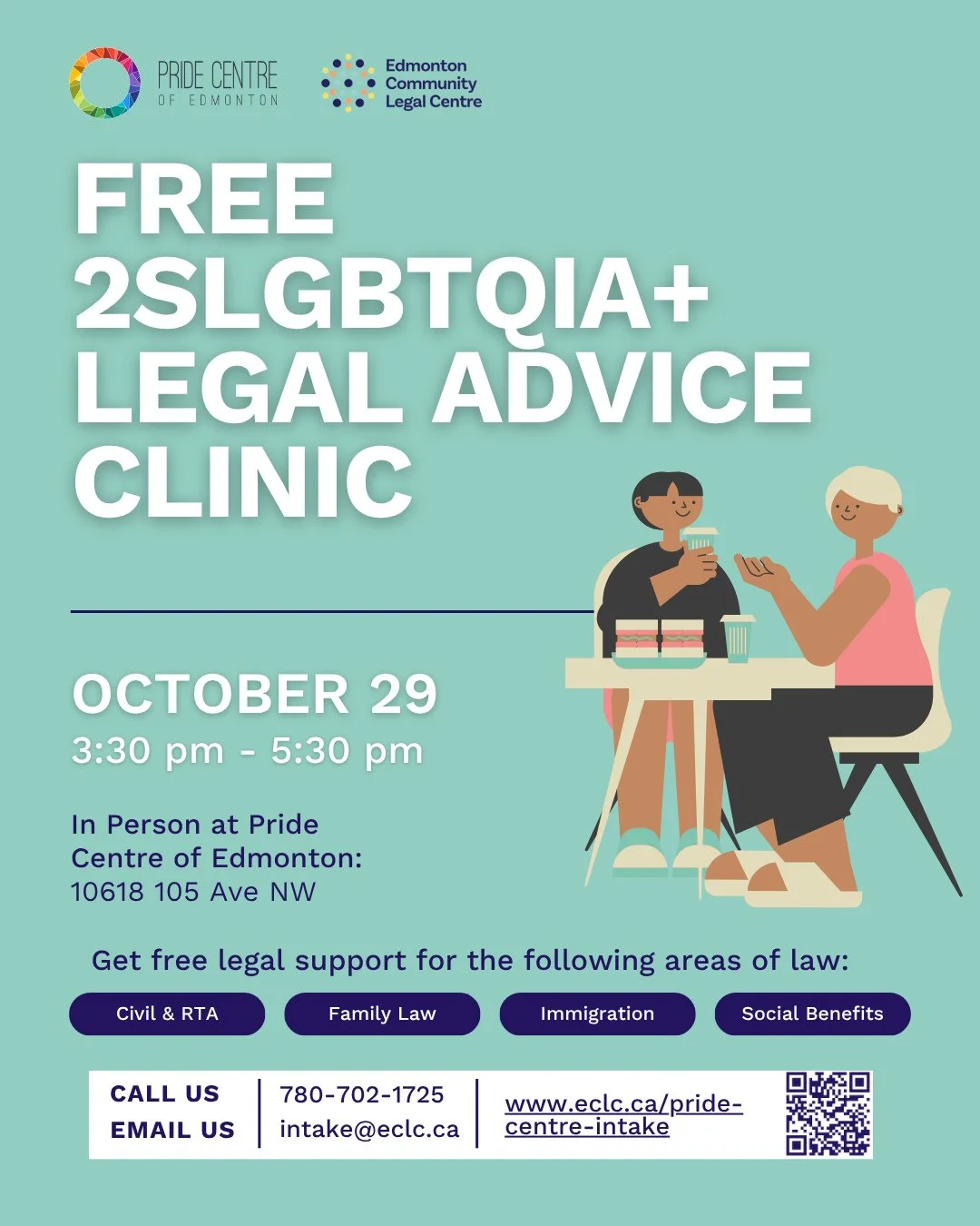 The next free legal advice clinic in partnership with @yegpridecentre is scheduled for Thursday, October 29th! Head to the link in our bio to fill out an Intake form! ⁠
⁠
#EdmCLC #YEGnonprofit #Albertanonprofit #pridecentreofedmonton