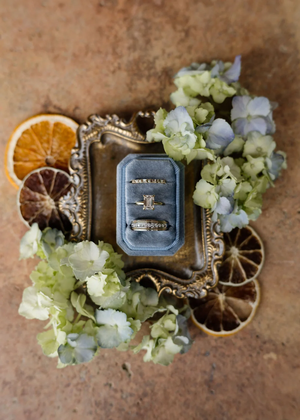 Oranges and hydrangeas flat lay