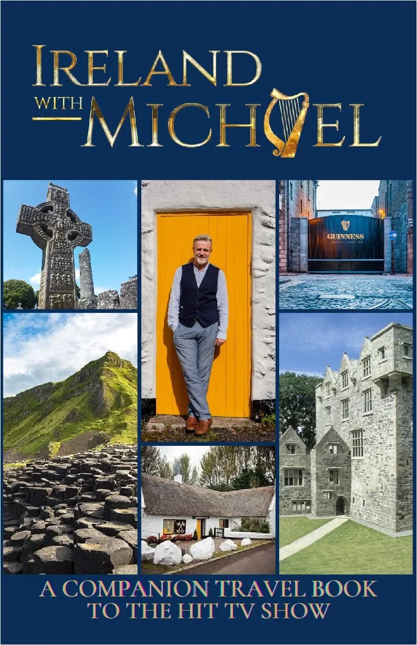 Cover of a travel book titled 'Ireland with Michael' featuring images of Irish landmarks, landscapes, and a man standing in front of a yellow door.