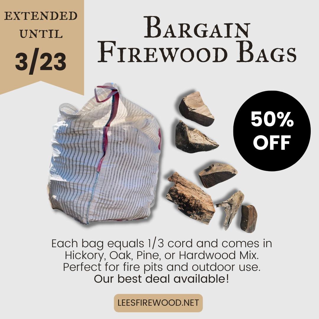 ✨ EXTENDED UNTIL SATURDAY ✨

You asked. We listened! Grab our Bargain Bags for 50% off through 3/23. Order online for pick up or delivery: leesfirewood.net/residential-firewood/p/bulk-firewood