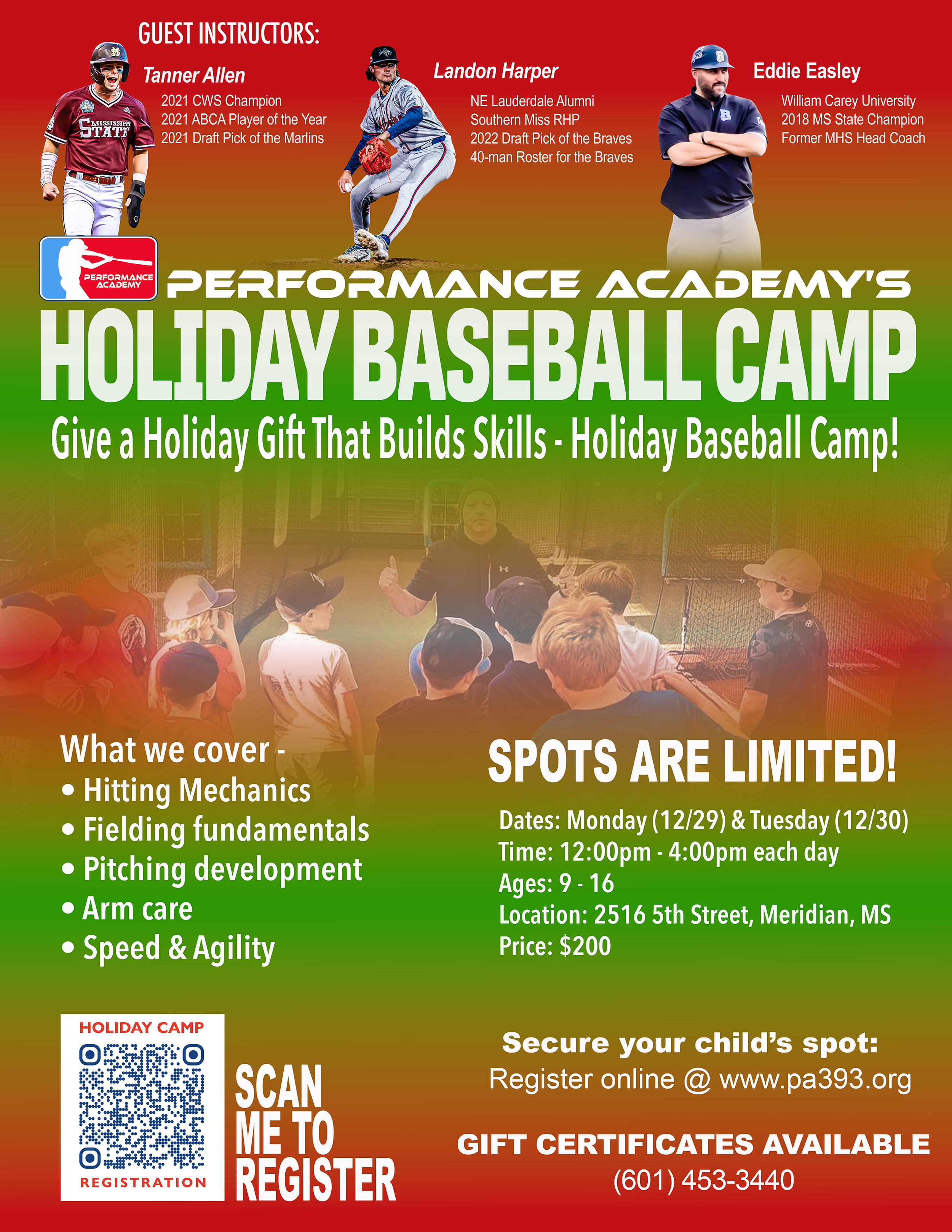 Flyer for Performance Academy's Holiday Baseball Camp showing three guest instructors: Tanner Allen in baseball uniform, Landon Harper in baseball uniform, and Eddie Easley in coach attire. The flyer details camp dates, times, location, age range, price, and topics covered, with a QR code for registration and contact information at the bottom.