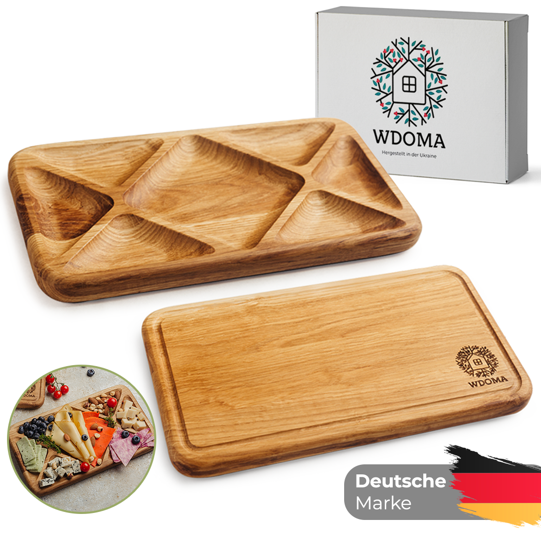 WDOMA Frühstücksbrettchen holz aus Eiche 2er Set - Servierbrett Holz - Snackteller mit Fächern