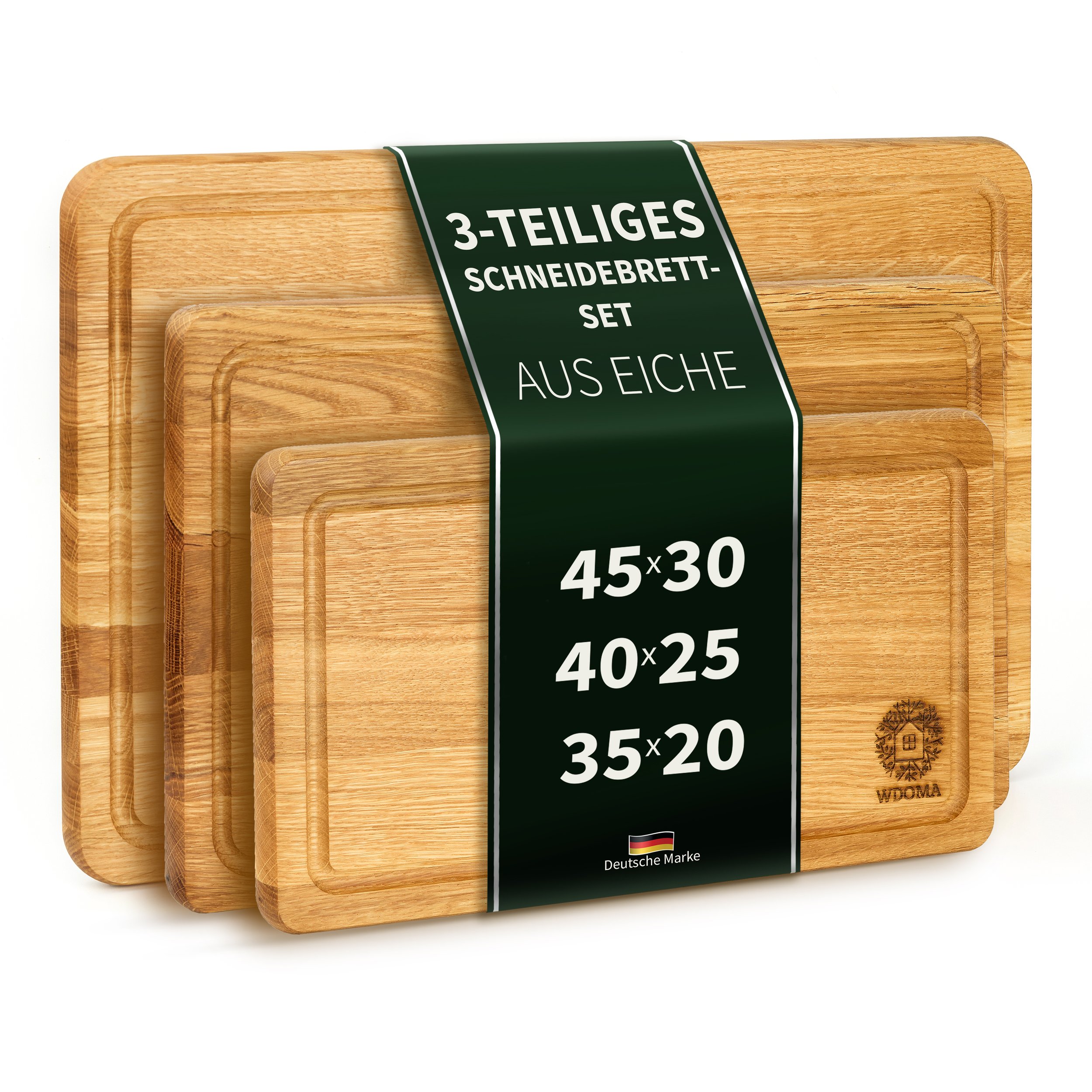 WDOMA Schneidebrett Holz aus Eiche 3er Set 45x30 / 40x25 / 35x20 - Schneidebretter - Holzbrett Küche