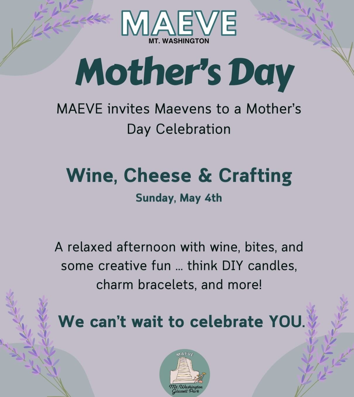 Happy Mother&rsquo;s Day, Maevens! 🤰👩&zwj;🍼
A relaxed afternoon with wine, bites, and some creative fun ... think DIY candles, charm bracelets, and more!
We can&rsquo;t wait to celebrate YOU.
This event will be held at the house of one of our memb