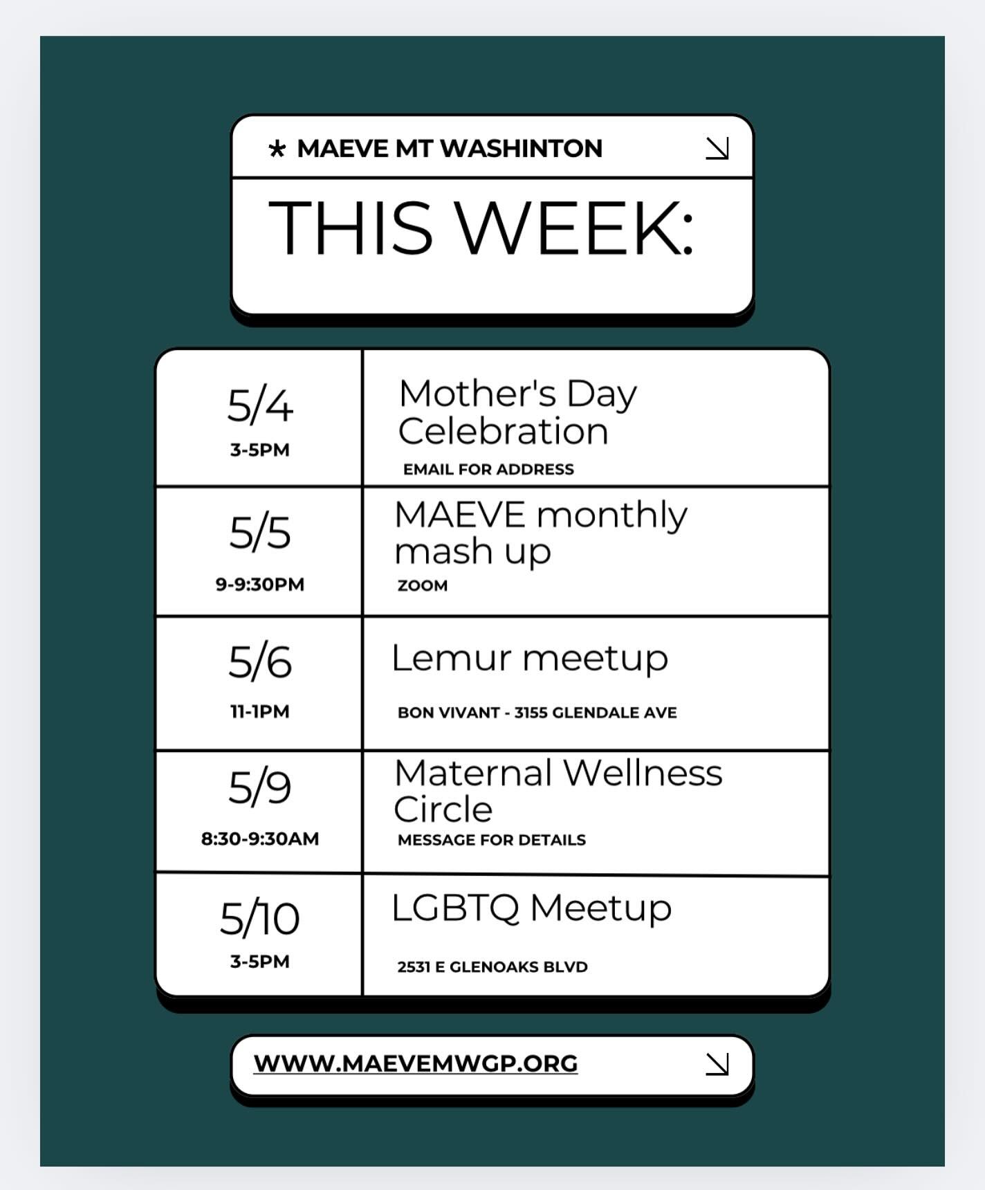 This Week at MAEVE!

We&rsquo;ve got a week full of connection, creativity, and community &mdash; come hang with us!

SUNDAY 3&ndash;5PM
Mother&rsquo;s Day Get-Together
A relaxed afternoon with wine, bites, and some creative fun&hellip; think DIY can
