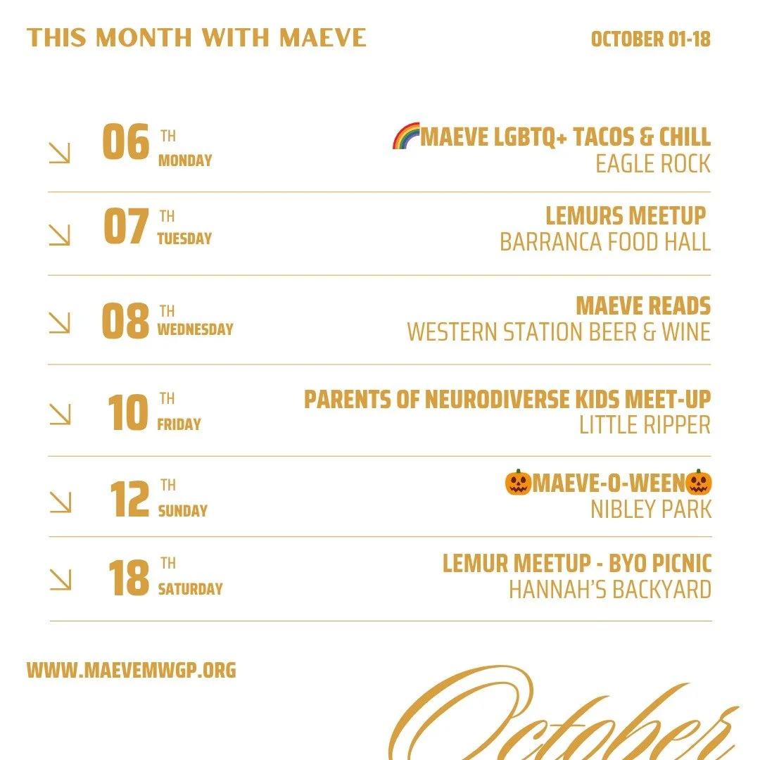Monday, Oct 6th &middot; 6-8pm
LGBTQ+ Tacos &amp; Chill
Email for location: mwgp.lgbtq@wearemaeve.org

Tue, Oct 7 &middot; 11&ndash;1 PM &mdash; Lemurs Meetup @ Barranca Food Hall
Casual hang with baby lemurs &amp; parents. Parking at St. Vincent de 