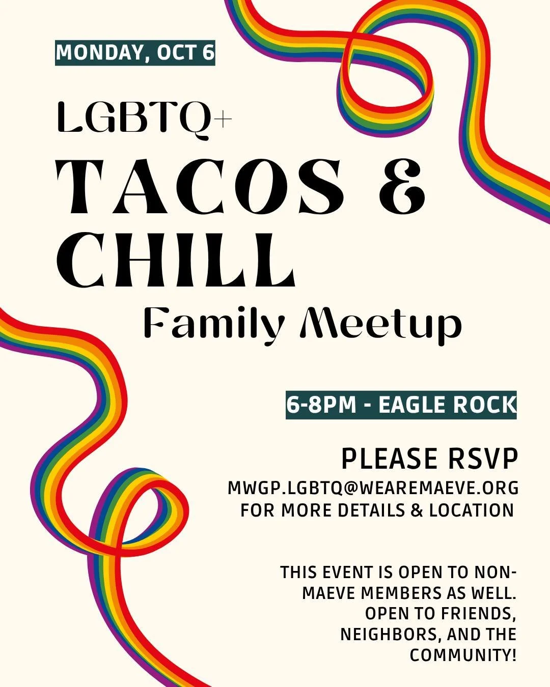 RSVP for Location: mwgp.lgbtq@wearemaeve.org

This event is open non-MAEVE members as well. Open to friends, neighbors, and the community!

🌈 This space is for LGBTQ+ families to share experiences, and arrange meetups. Whether you're a LGBTQ parent 