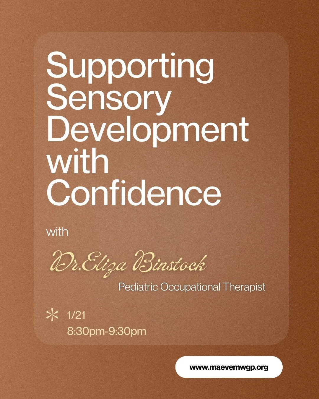 Please join us for a one-hour member talk with Dr. Eliza Binstock, pediatric occupational therapist and mom of two, who is dedicated to helping kids and families thrive. Dr. Eliza will share insight and practical guidance on sensory integration and s
