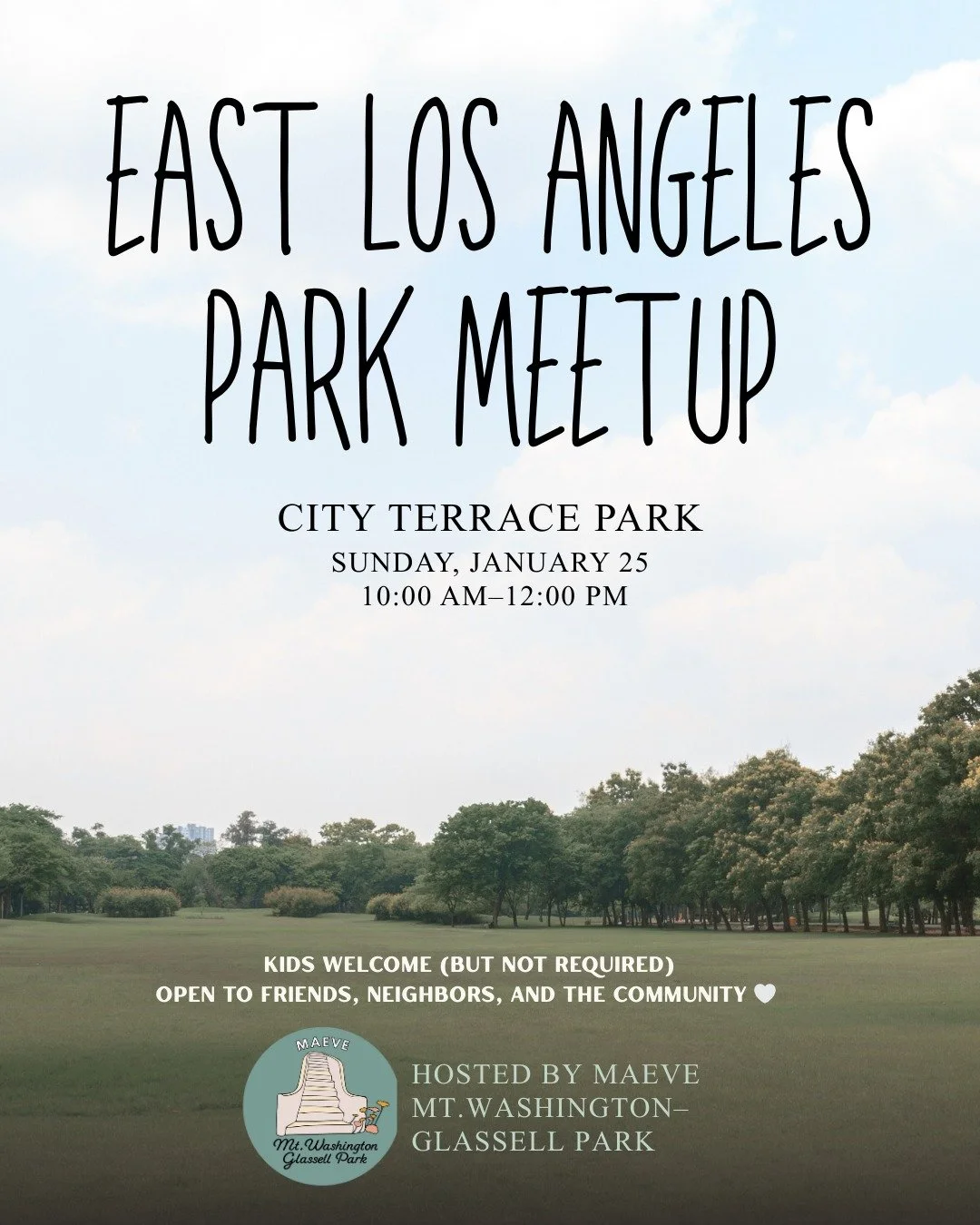 EAST LOS ANGELES PARK MEET-UP
📅 Saturday 1/25 | 🕙 10 AM&ndash;12 PM
📍 City Terrace Park

Live in East LA? Downtown? Nearby? Or just East LA&ndash;curious? Come hang with us for a relaxed park playdate and meet-up at City Terrace Park 🌿

Bring you