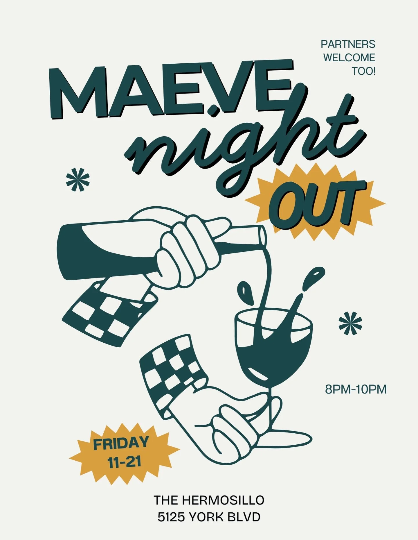 Make new friends and join other MAEVE parents for a low-key night out at a favorite local hangout.
If you don&rsquo;t see the group, contact Shira (message us for her number) and she&rsquo;ll tell you where we&rsquo;re sitting.&nbsp;
Partners and fri