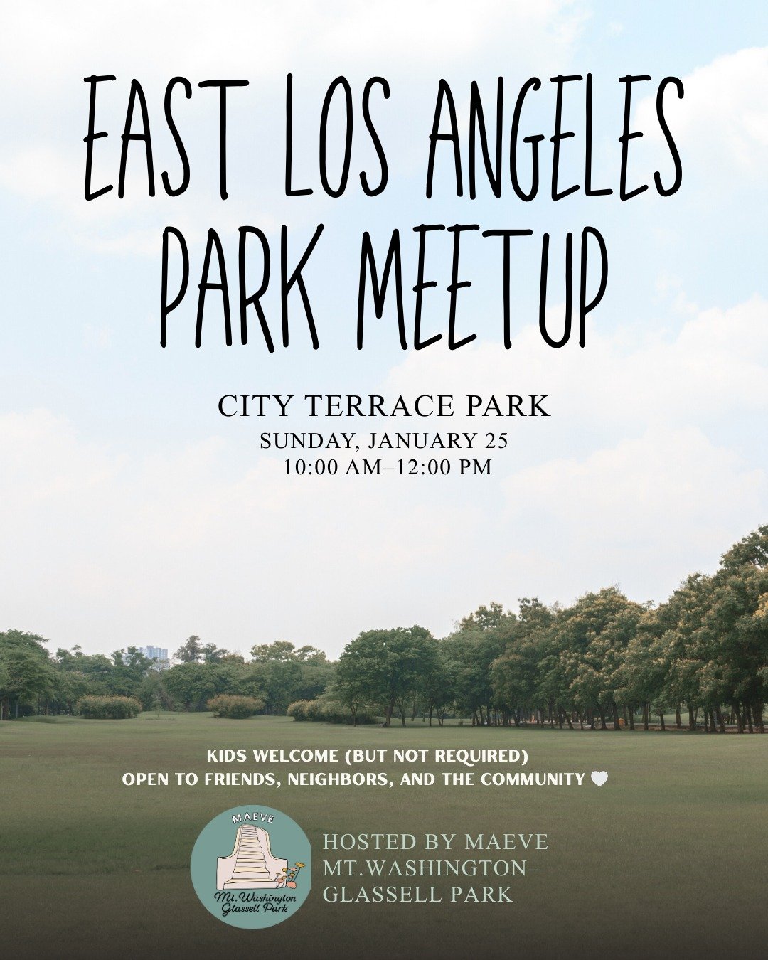EAST LOS ANGELES PARK MEET-UP
📅 Saturday 1/25 | 🕙 10 AM&ndash;12 PM
📍 City Terrace Park

Live in East LA? Downtown? Nearby? Or just East LA&ndash;curious? Come hang with us for a relaxed park playdate and meet-up at City Terrace Park 🌿

Bring you