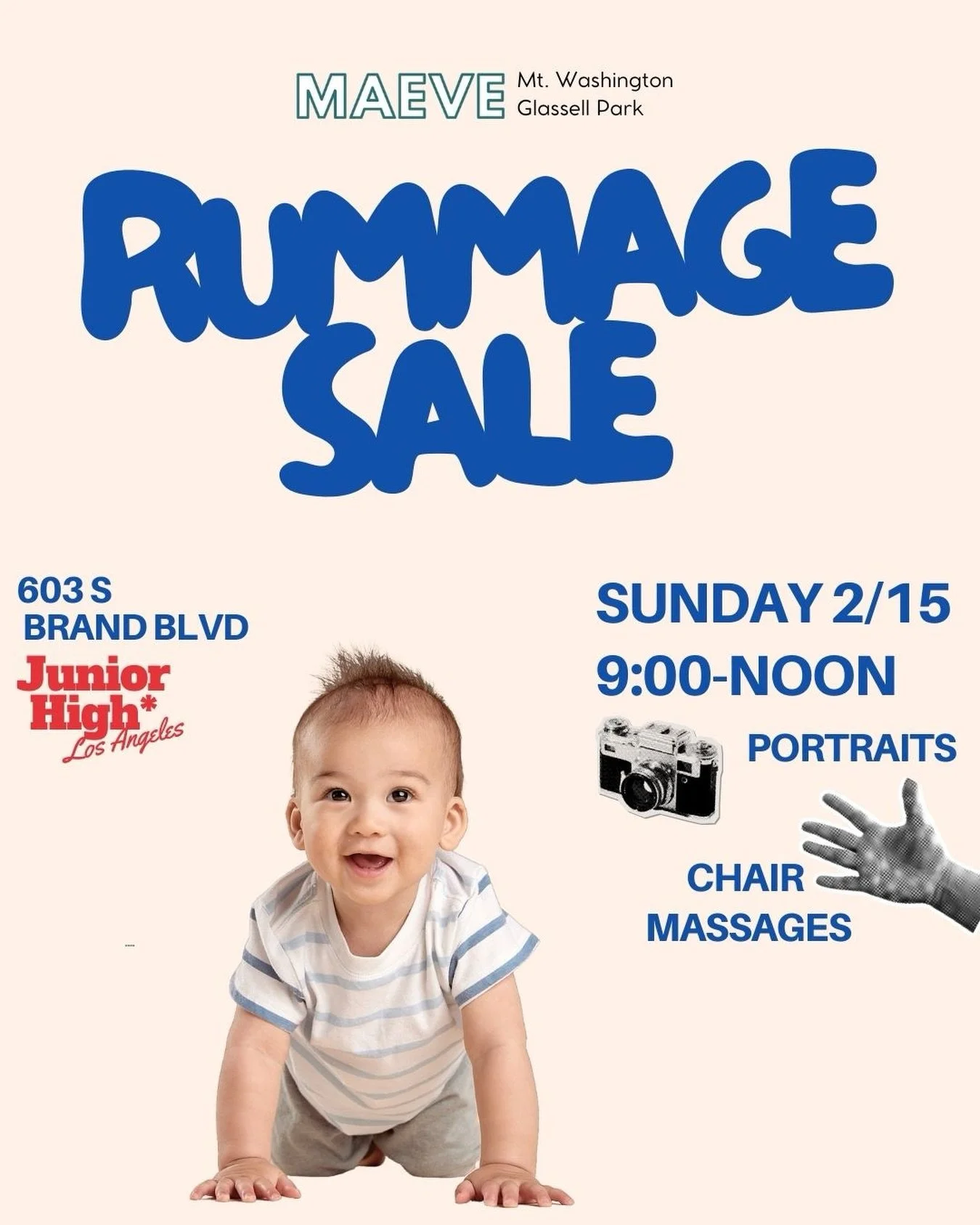 ✨ MAEVE RUMMAGE SALE ✨
 🗓 Sunday, Feb 15 | ⏰ 9am&ndash;12pm
 📍 Junior High Gallery, Glendale
 603 S Brand Blvd

Join us for our first-ever rummage sale! Shop, schmooze, and support fellow MAEVEns 💛

🛍️ Great finds from our community
 💺 Chair mas