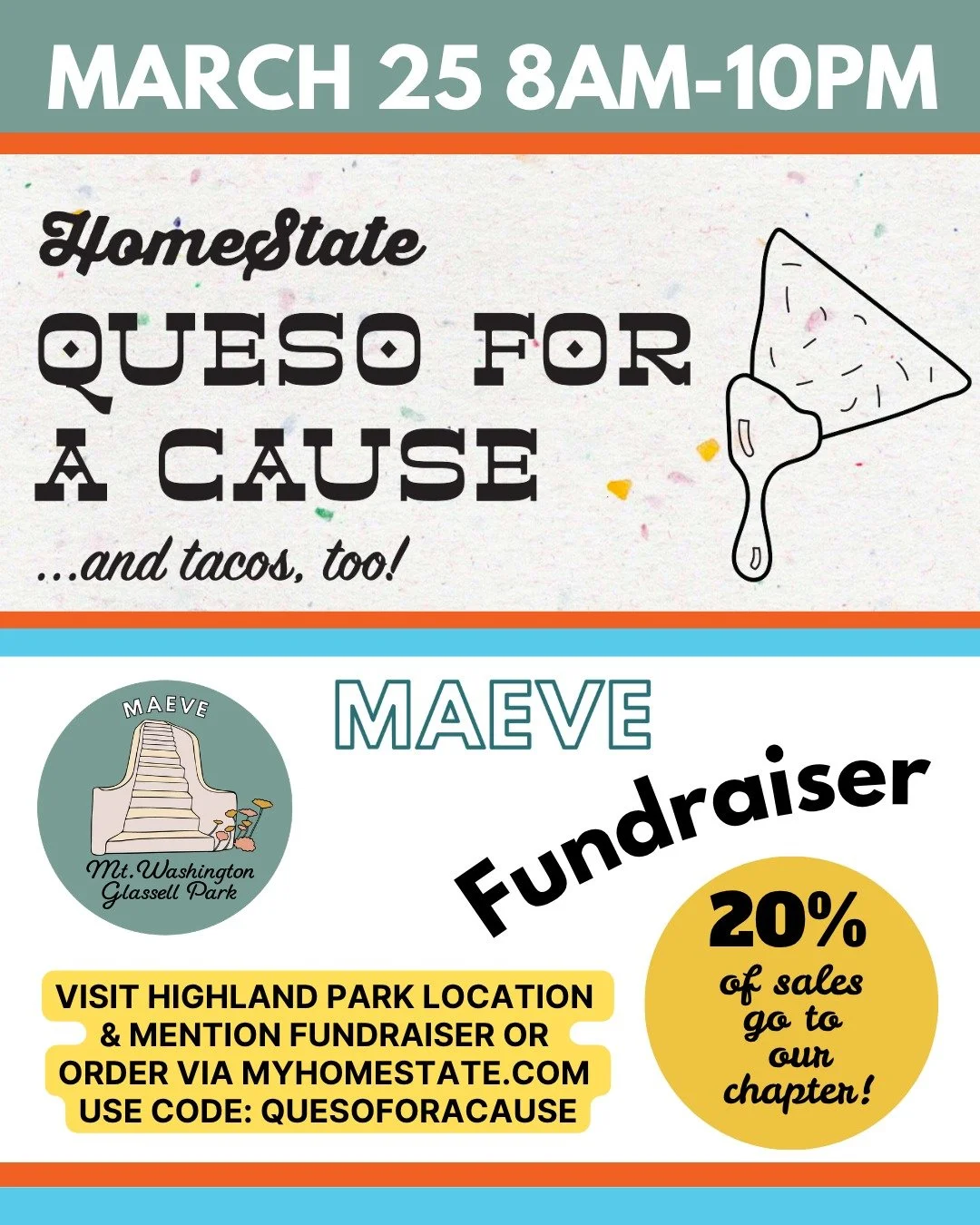 🤠 Come eat, drink, and yee-haw with us as we sip margs and eat queso for a good cause&mdash;our chapter!

✯ Wed, May 25 at Highland Park Location only

✯ MAEVE MWGP will receive 20% of fundraiser sales*

✯ Mention the fundraiser at the register or o