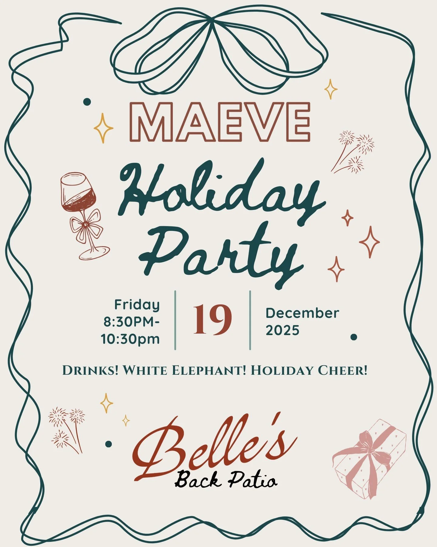 12.19.25 8:30-10:30pm at @_bellesdelicacies 

You&rsquo;re invited to a festive night of cocktails, connection, and our annual White Elephant gift exchange ✨

Bring a wrapped gift (new, regifted, or playful) valued at $25 or less &mdash; the more une