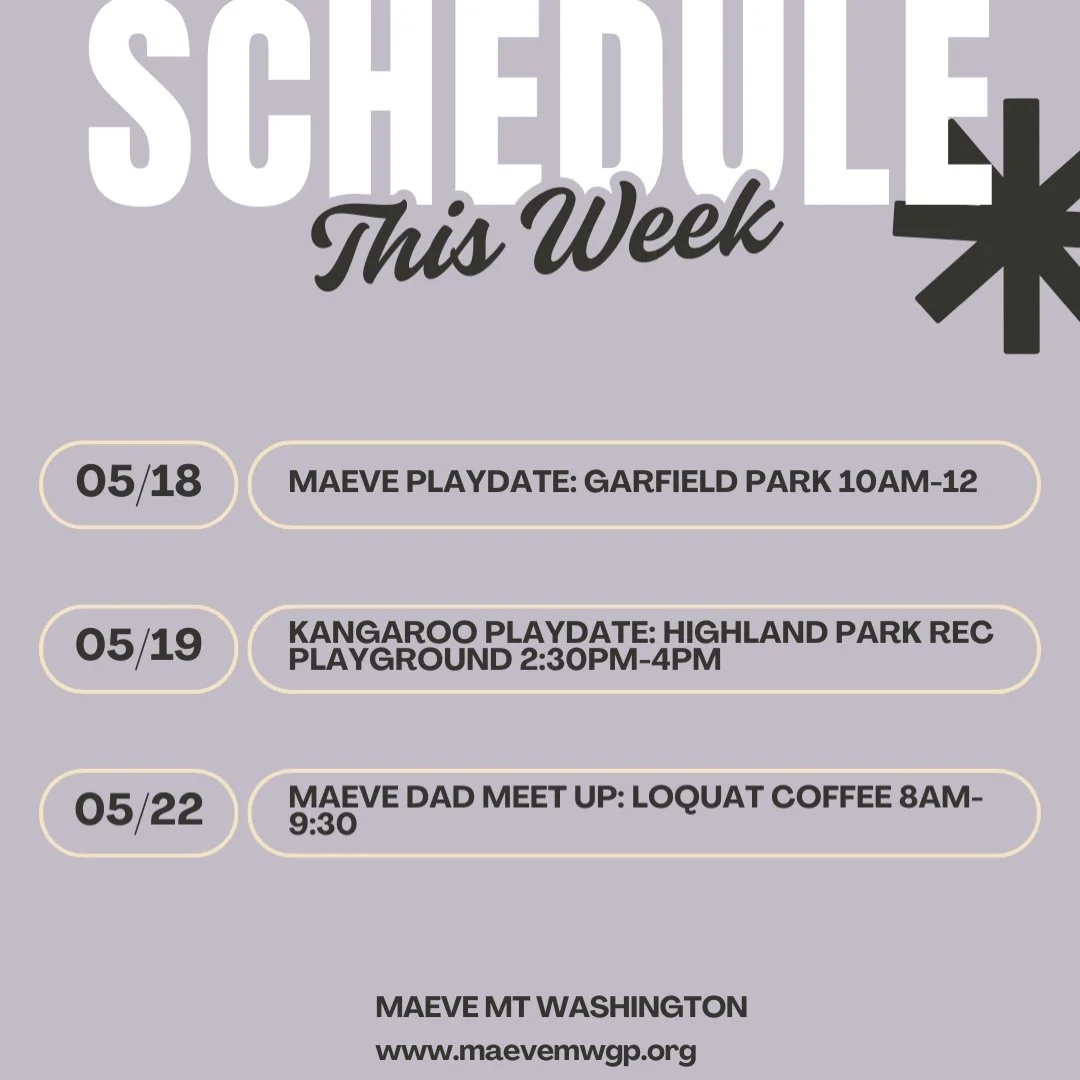 This week with MAEVE MWGP:

Monday, May 18 10am&ndash;12pm Garfield Park 1000 Park Ave, South Pasadena
Join us for a casual playdate at Garfield Park! Bring a picnic blanket, snacks, babies, kids, partners&mdash;or come solo. This meetup does not hav