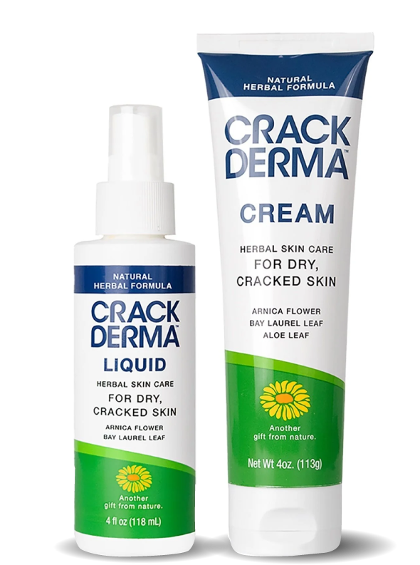 Two bottles of Crack Derma herbal skin care products, one labeled Liquid and the other Cream, for dry, cracked skin, featuring natural ingredients like arnica flower, bay laurel leaf, and aloe leaf.