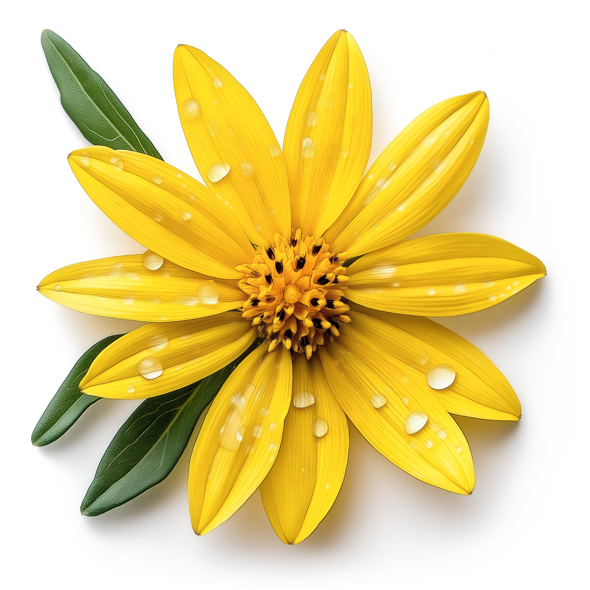 A bright Arnica flower with water droplets on its petals, green leaves, and a white background. Arnica is the base ingredient for Crack Derma. It's what helps our formula work so well.