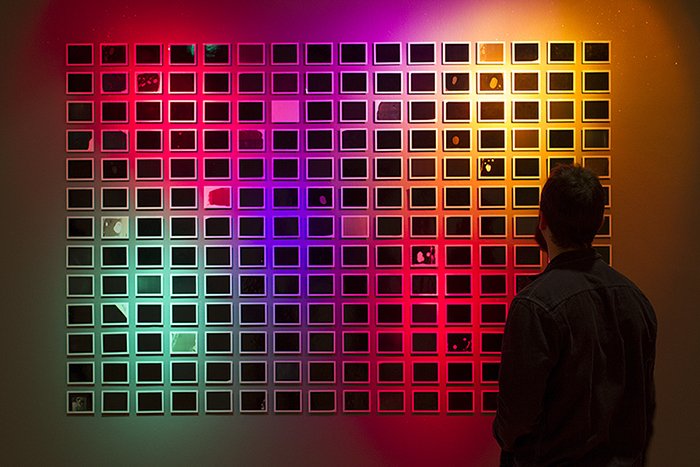 Installation view, Polaroids, lights, gels, glitter paint