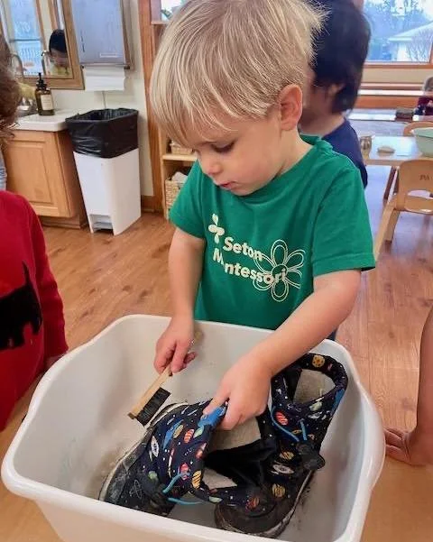 Outdoor play in all weather is important &mdash; and so is caring for what comes back inside. Boot scrubbing builds independence, coordination, and pride in self-care.

#setonmontessori #montessorieducation #montessori #practicallifemontessori #Seton
