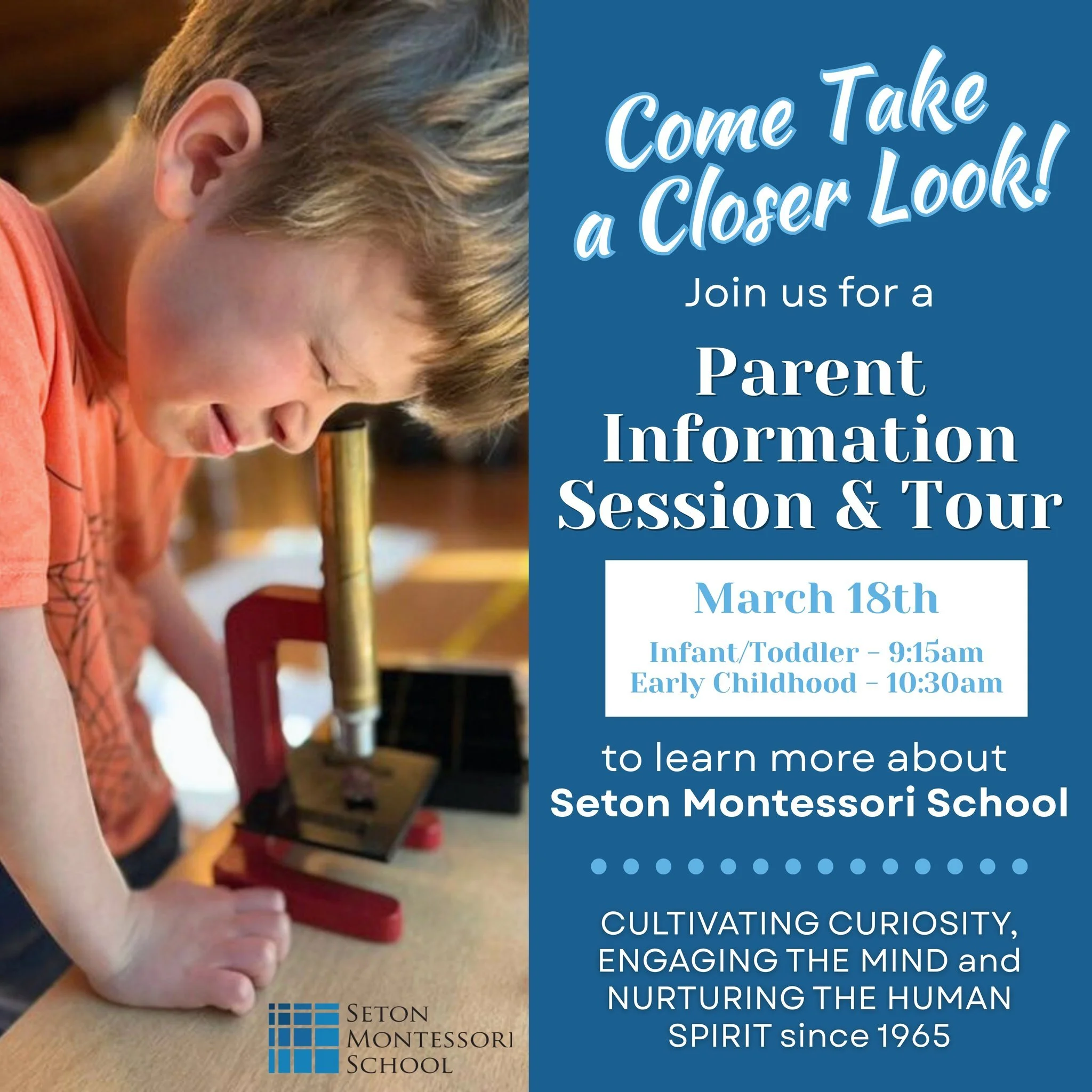 Join us for an upcoming information session to learn more about the Montessori approach, observe our classrooms in action, and discover how Montessori education nurtures independence, curiosity, and a lifelong love of learning.

At Seton Montessori S