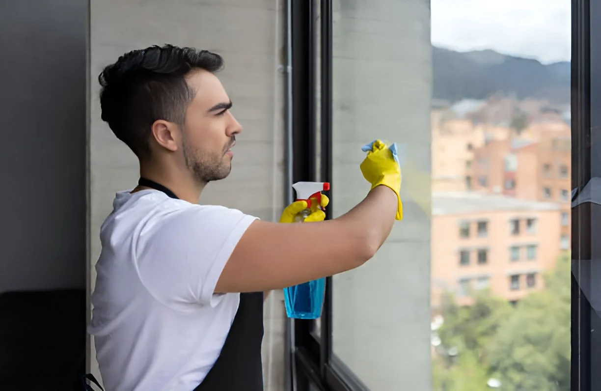 Professional commercial cleaner for real estate companies cleaning glass windows in Orange County CA