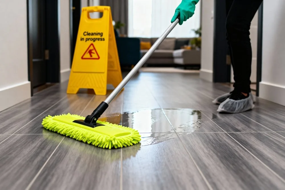 Commercial real estate cleaning in Orange County CA mopping floors