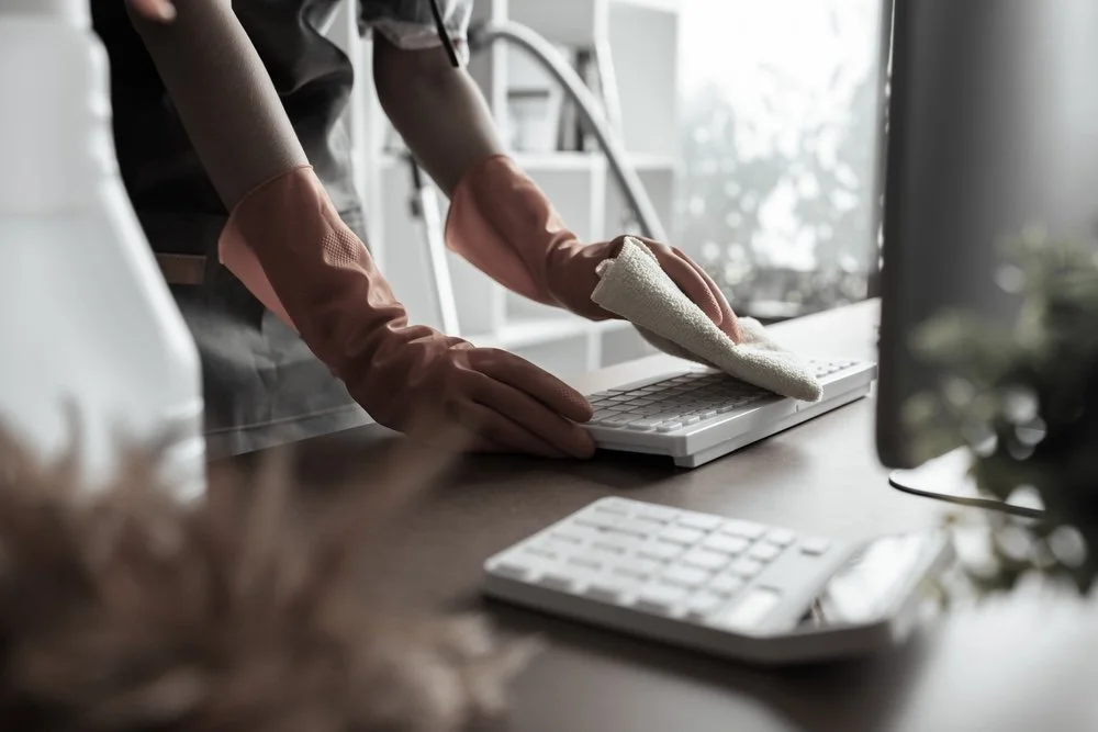 Cleaning Staff wiping the dirt on a keyboard