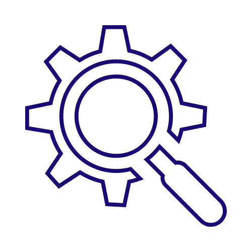 Icon of a gear with a magnifying glass overlapping it, symbolizing settings or system search.
