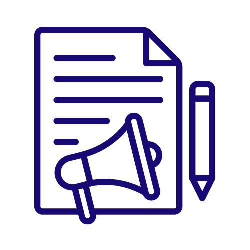 Outline of a document with a megaphone icon and a pencil, symbolizing announcements or content creation, on a black background.