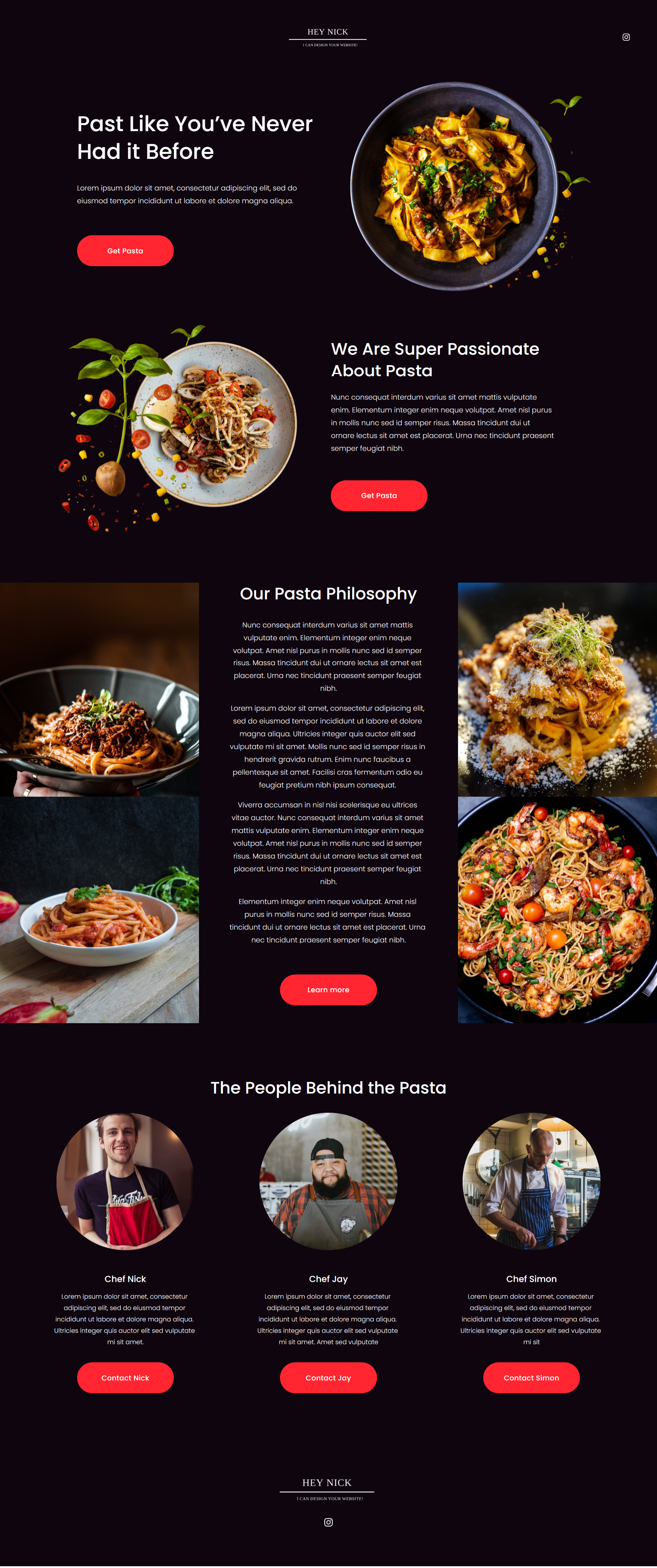 A website homepage for a pasta restaurant featuring images of pasta dishes, chef profiles, and sections about the restaurant's philosophy and passion for pasta.
