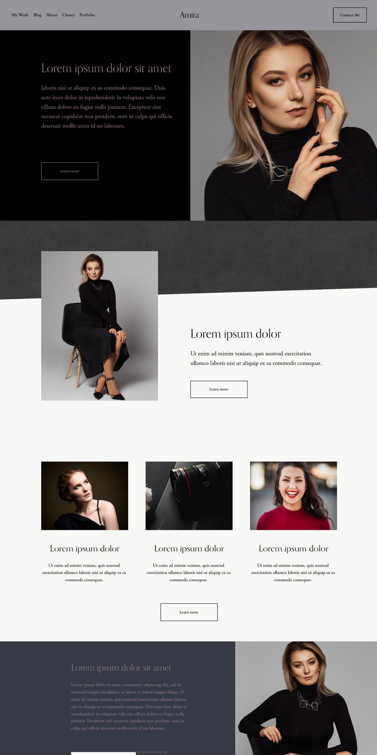 A professional website homepage featuring photographs of a woman with blonde hair in various poses, dressed in black, with text sections and buttons for 'Learn more' and 'Contact Me'.