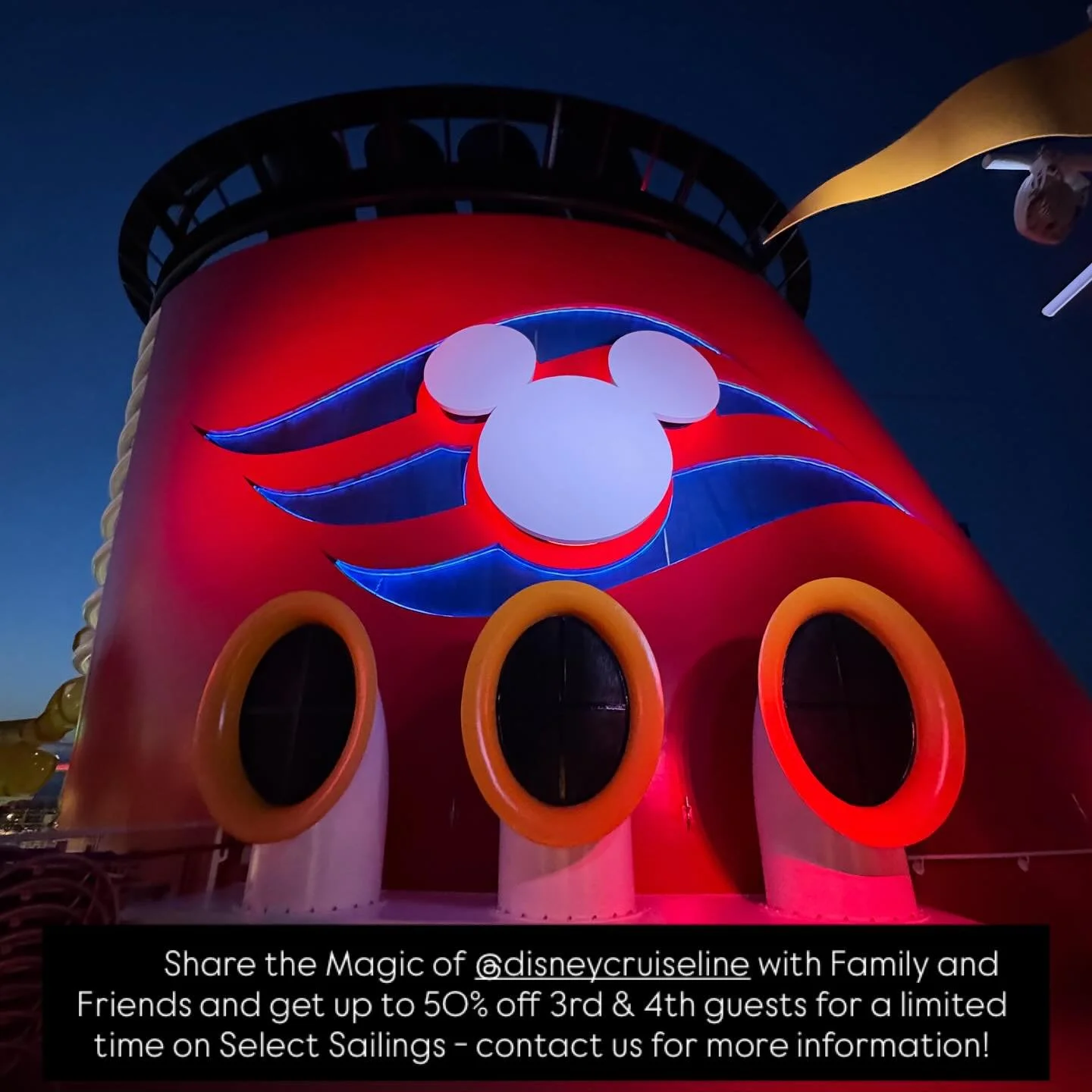 🚢 Vacations are meant to be shared &ndash; with grandparents, aunts, uncles and best friends. And now, for a limited time, guests can share the magic of a Disney Cruise and get 50% off on third and fourth guests on select sailings. 

🪄 Share the ma