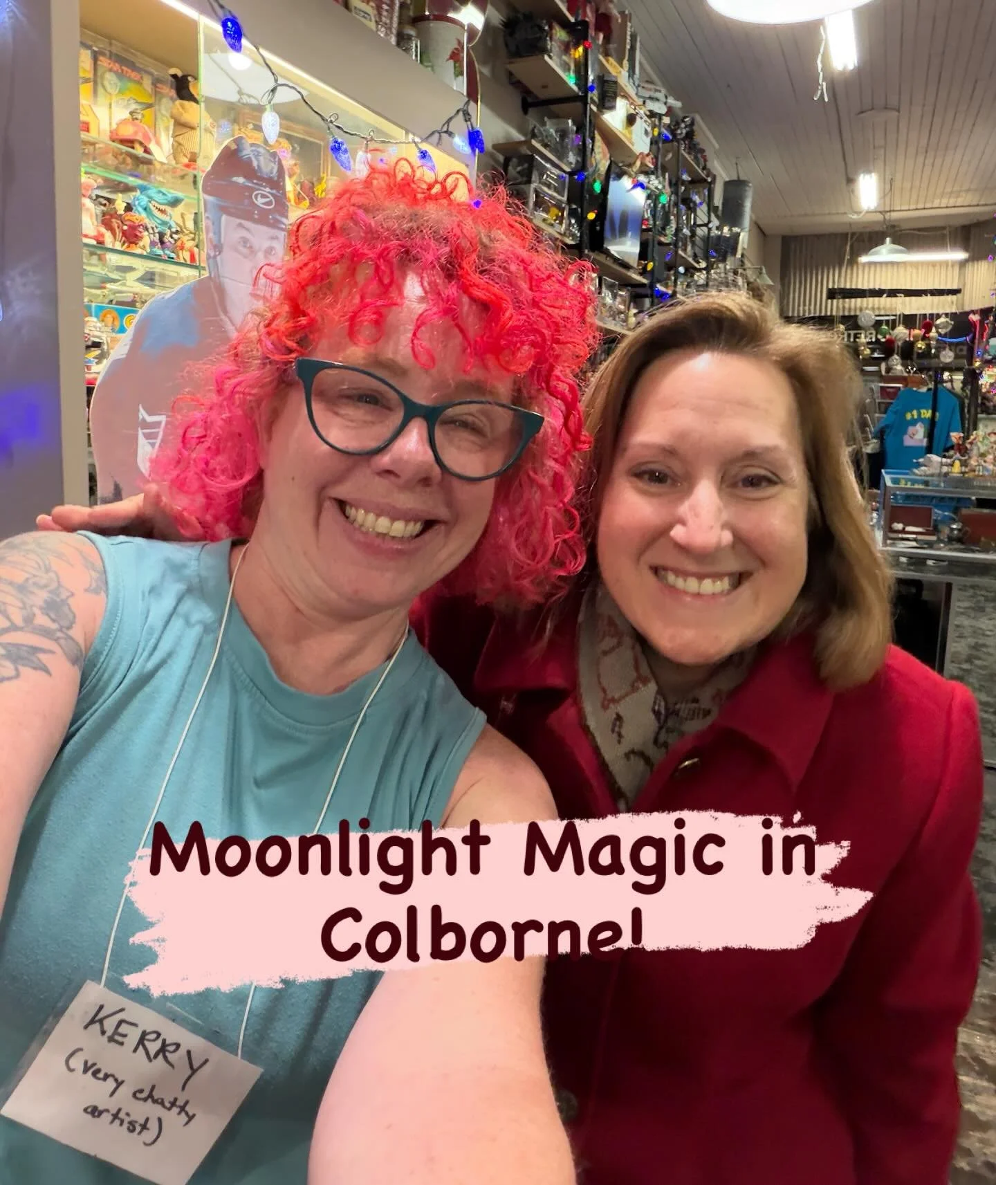 🎨🌖🎨 I love the vibe in small communities for the holidays! Tonight&rsquo;s event &ldquo;Moonlight Magic&rdquo; in neighbouring town Colborne was a lively scene including local artists at work in the shops - Kerry Vee at Retro Rewind and Maddi Snow